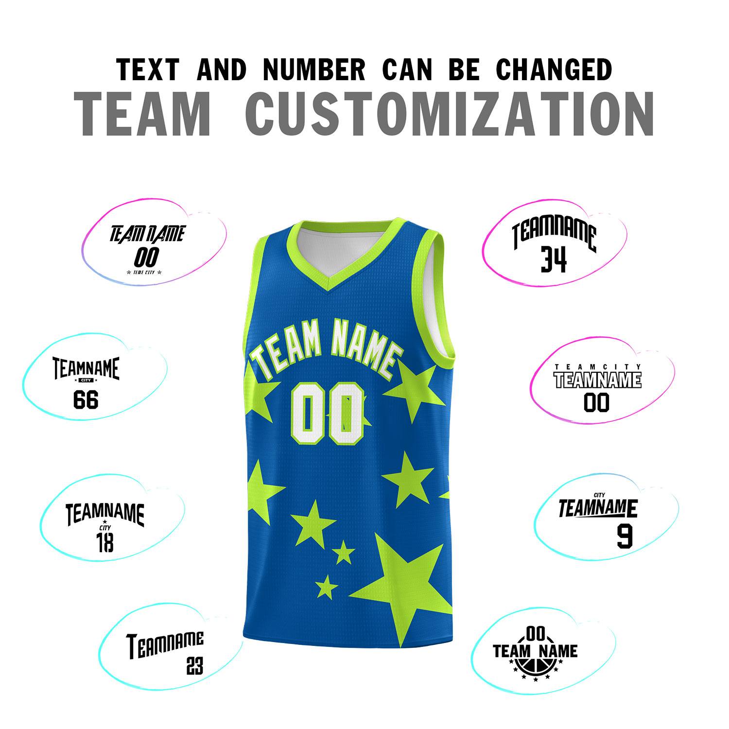 Custom Royal Light Green Graffiti Pattern Star Print Basketball Kits Sets