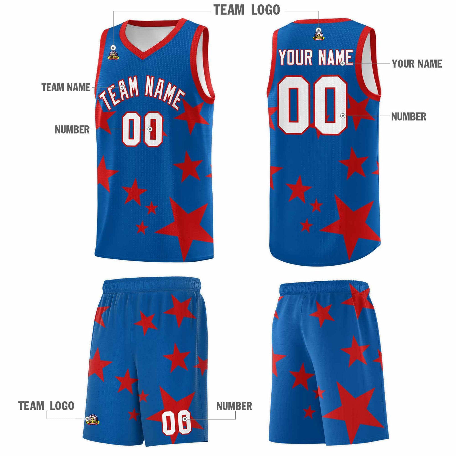 Custom Royal Red Graffiti Pattern Star Print Basketball Kits Sets