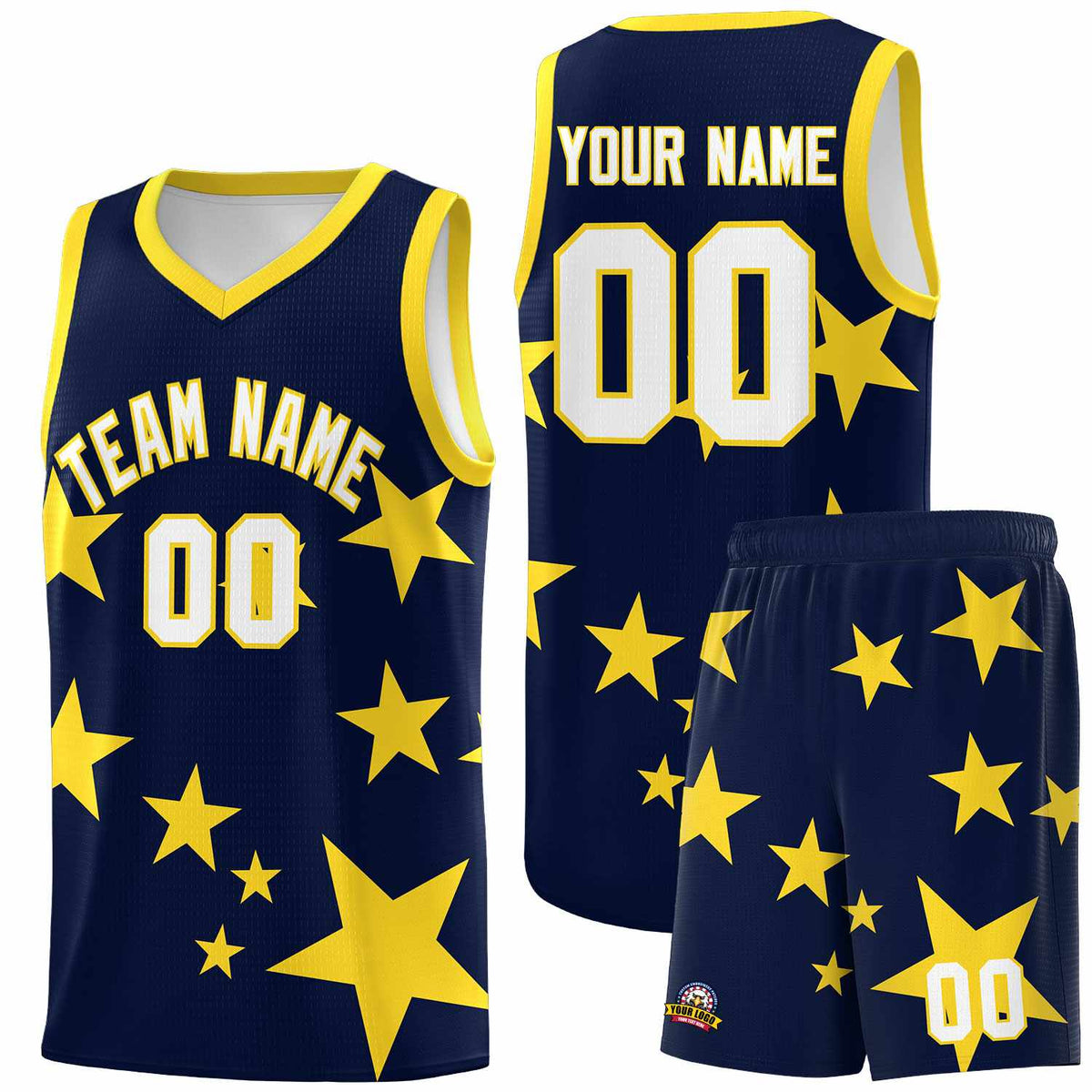 Custom Navy Gold Graffiti Pattern Star Print Basketball Kits Sets