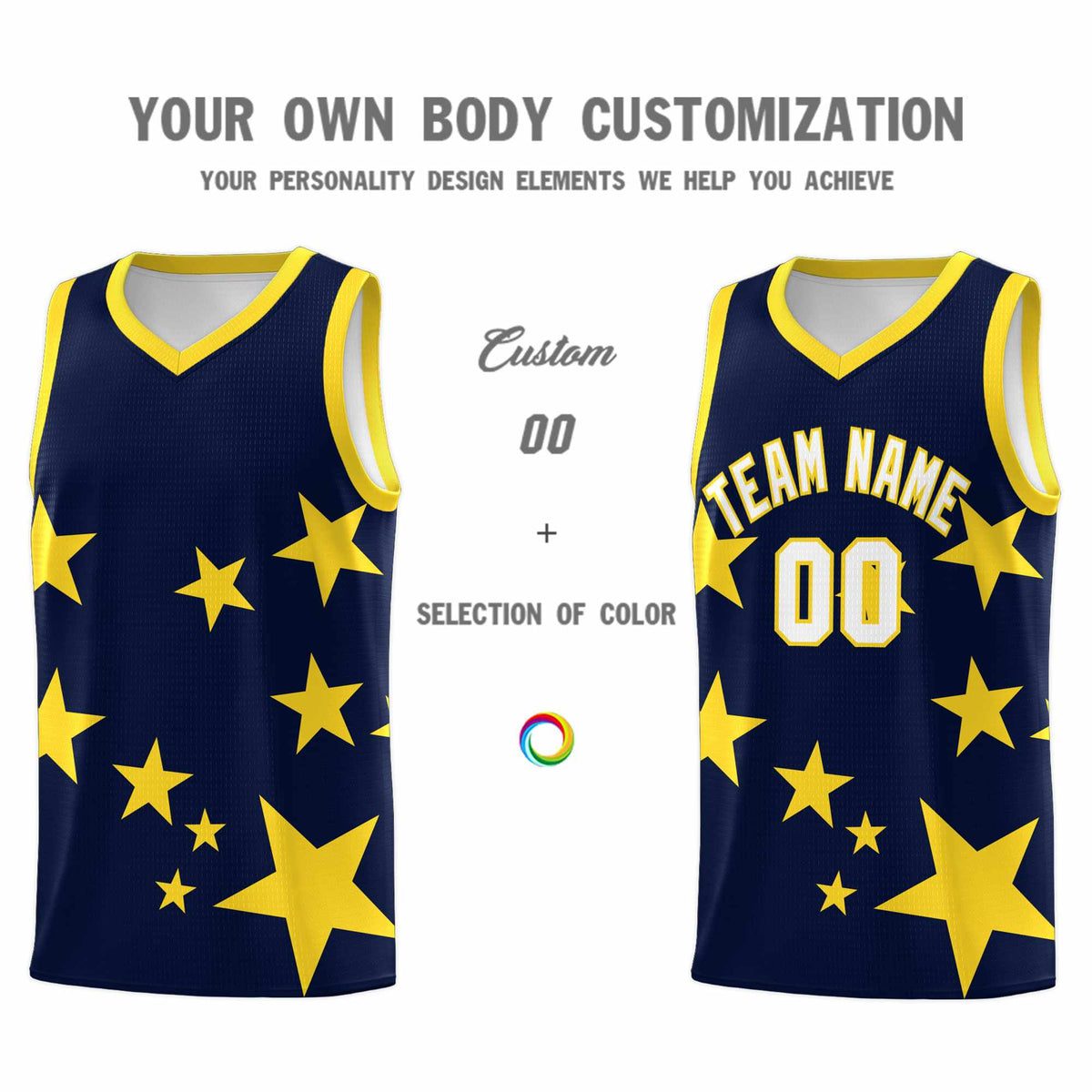 Custom Navy Gold Graffiti Pattern Star Print Basketball Kits Sets