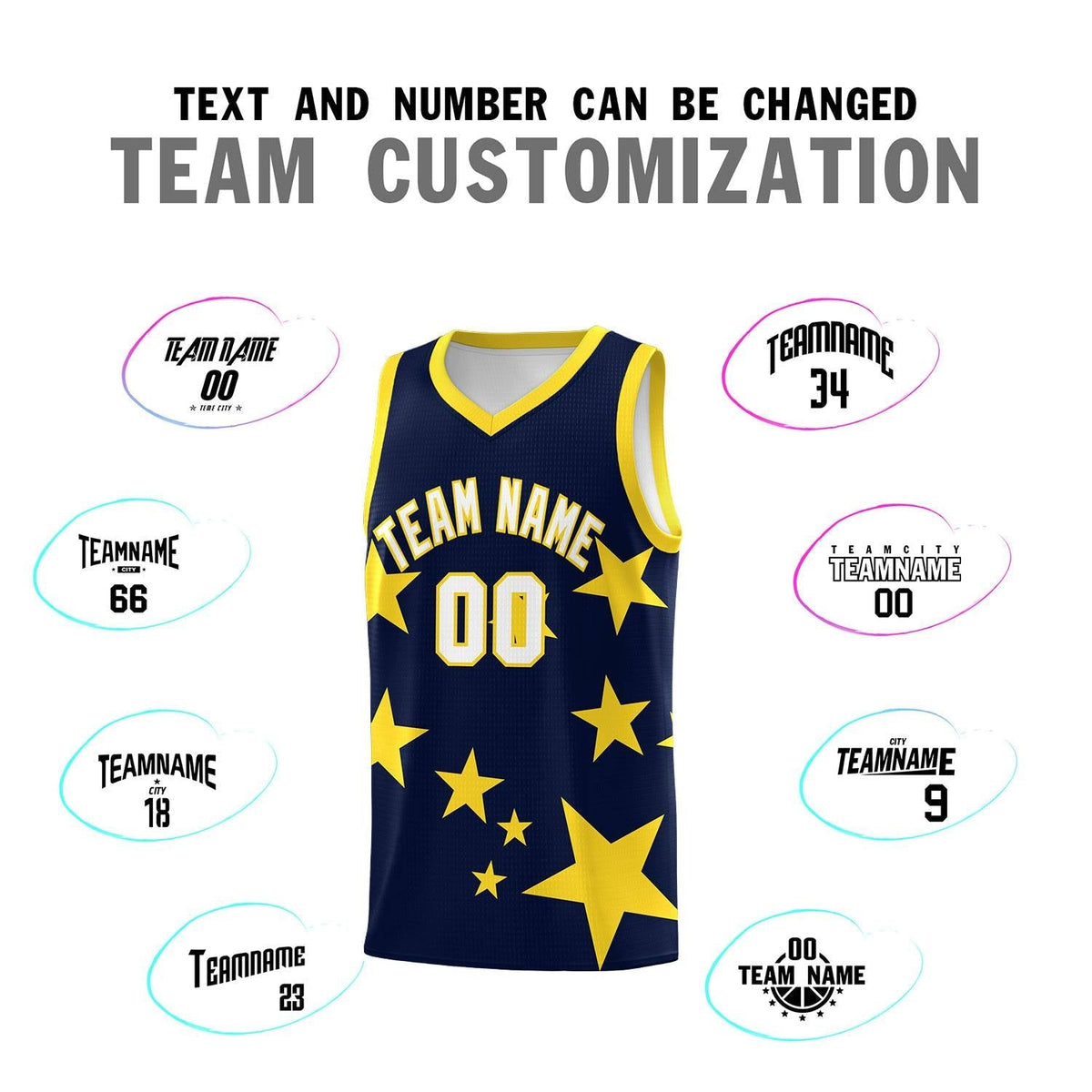 Custom Navy Gold Graffiti Pattern Star Print Basketball Kits Sets
