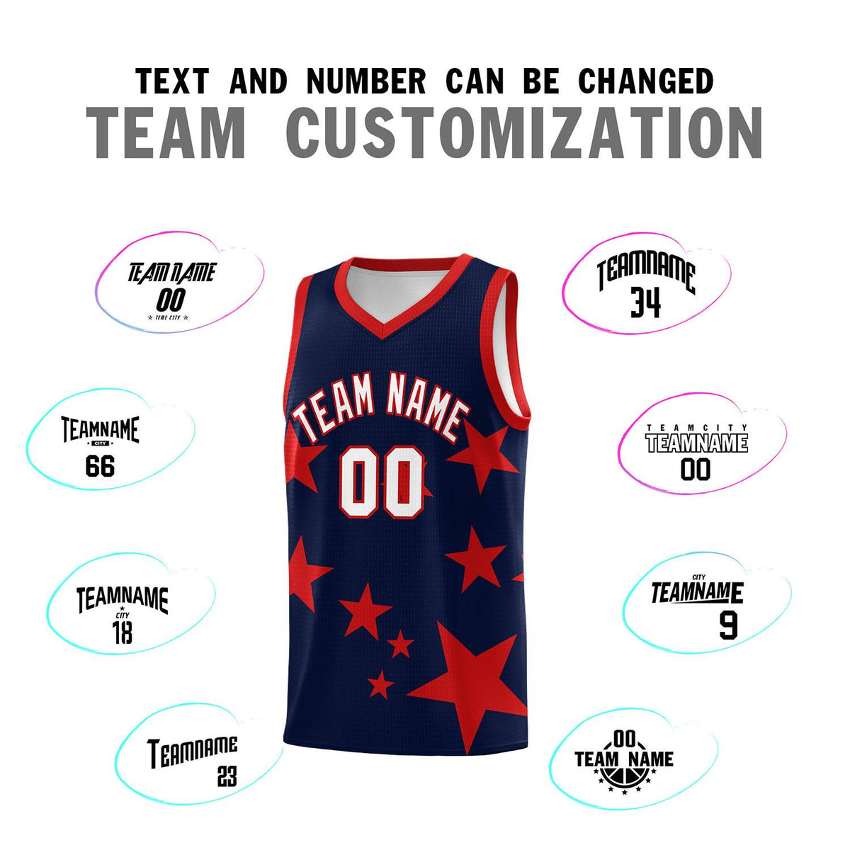 Custom Navy Red Graffiti Pattern Star Print Basketball Kits Sets