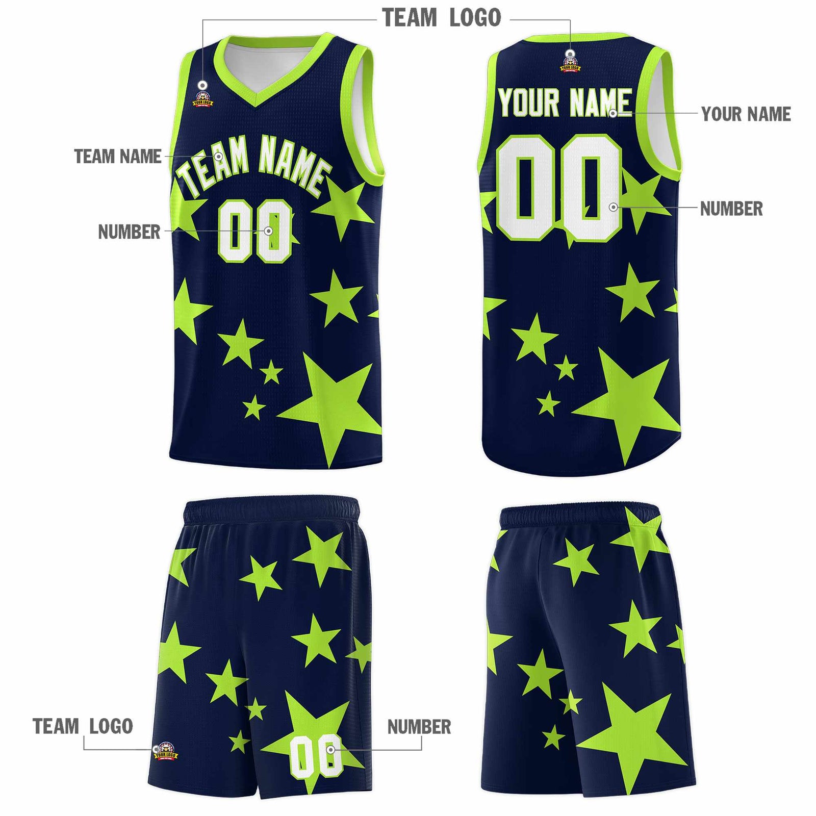 Custom Navy Light Green Graffiti Pattern Star Print Basketball Kits Sets