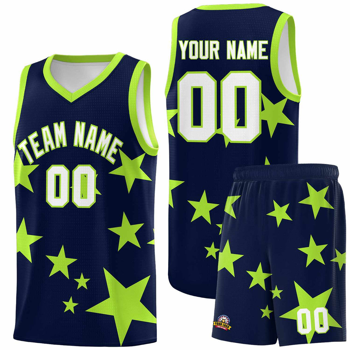 Custom Navy Light Green Graffiti Pattern Star Print Basketball Kits Sets
