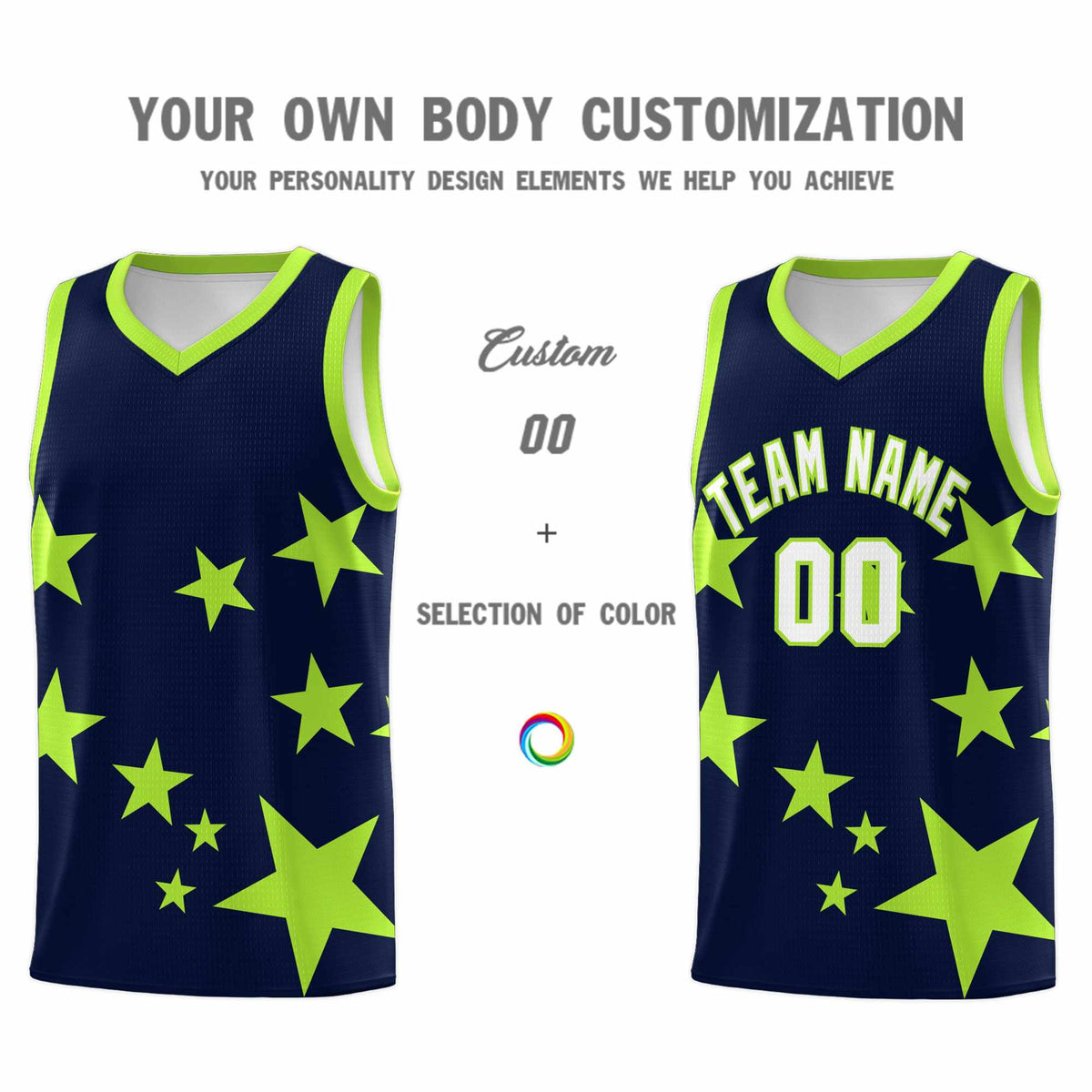 Custom Navy Light Green Graffiti Pattern Star Print Basketball Kits Sets