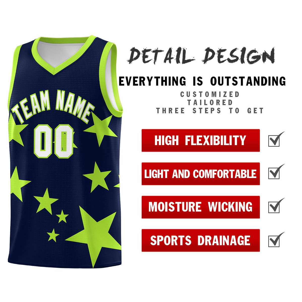 Custom Navy Light Green Graffiti Pattern Star Print Basketball Kits Sets
