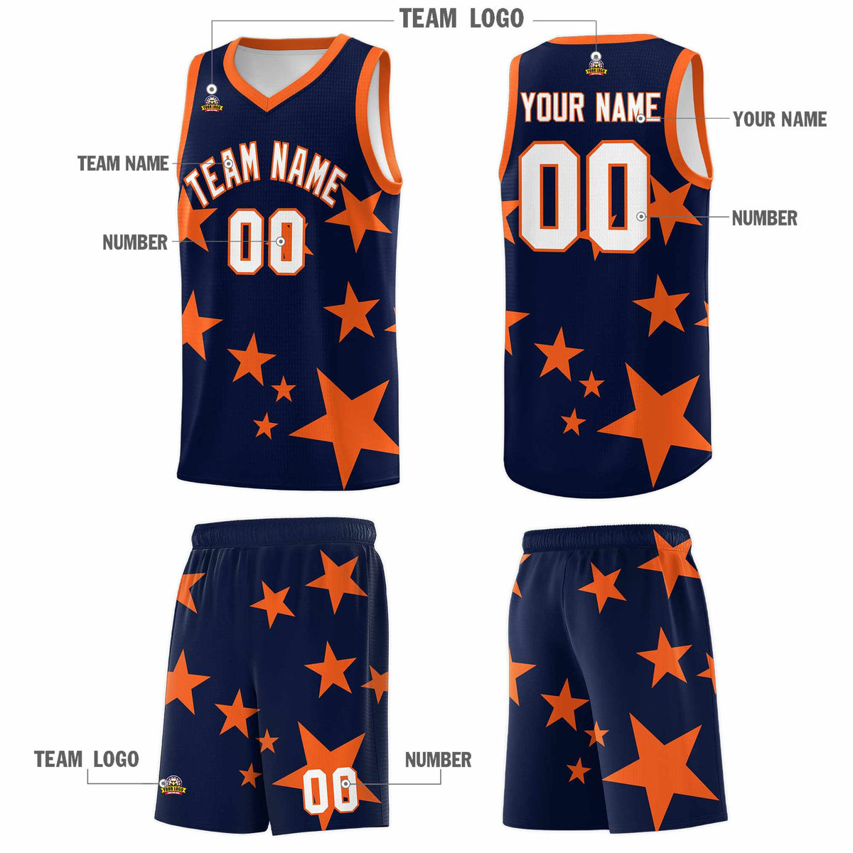 Custom Navy Orange Graffiti Pattern Star Print Basketball Kits Sets