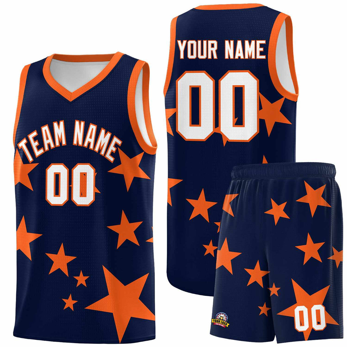Custom Navy Orange Graffiti Pattern Star Print Basketball Kits Sets