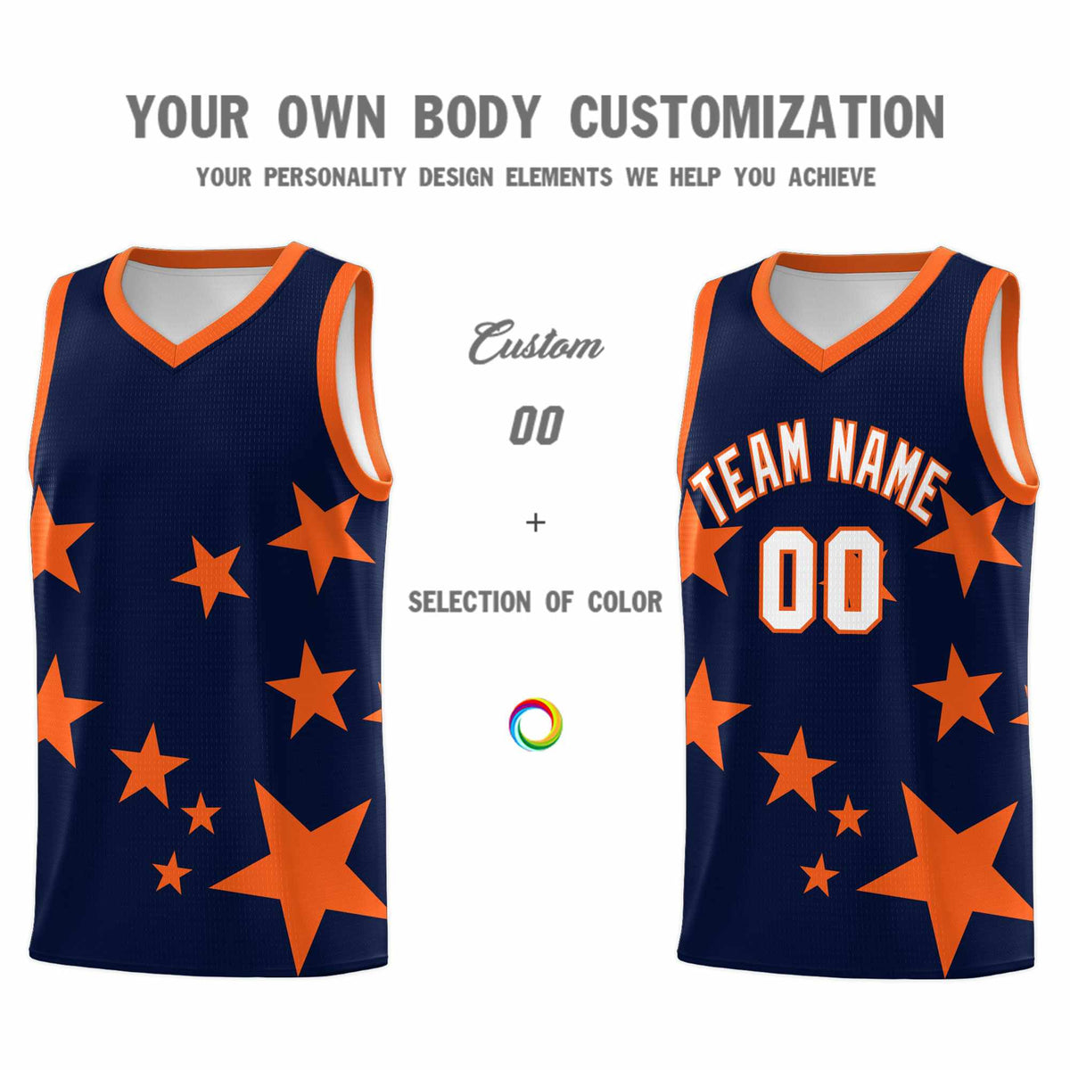 Custom Navy Orange Graffiti Pattern Star Print Basketball Kits Sets