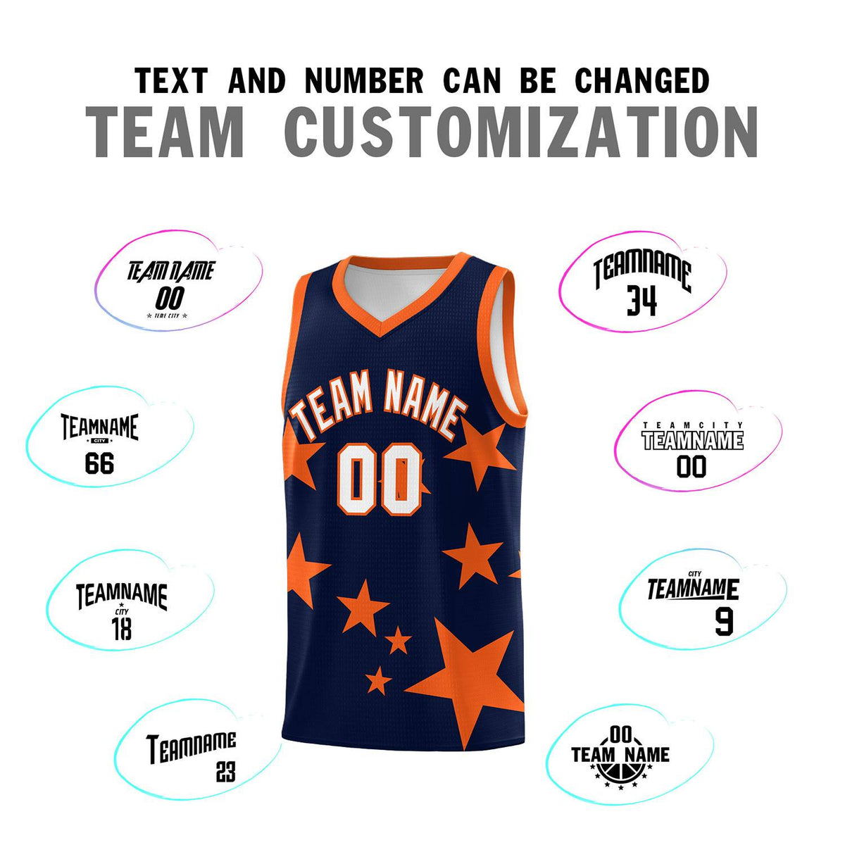 Custom Navy Orange Graffiti Pattern Star Print Basketball Kits Sets