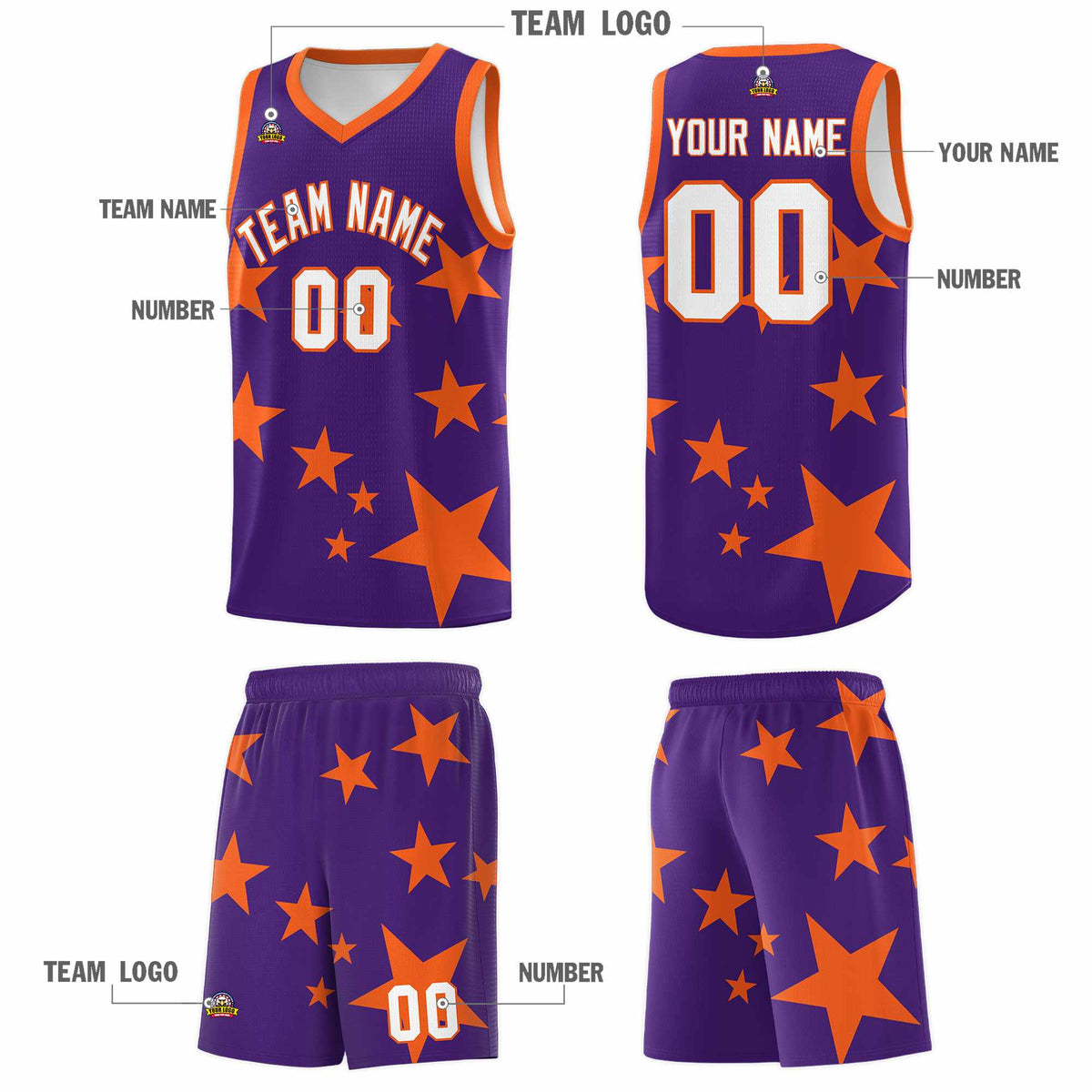 Custom Purple Orange Graffiti Pattern Star Print Basketball Kits Sets