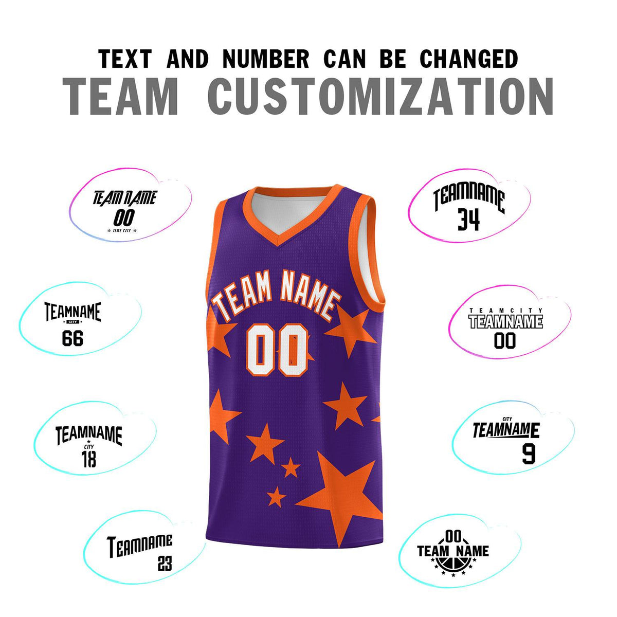Custom Purple Orange Graffiti Pattern Star Print Basketball Kits Sets