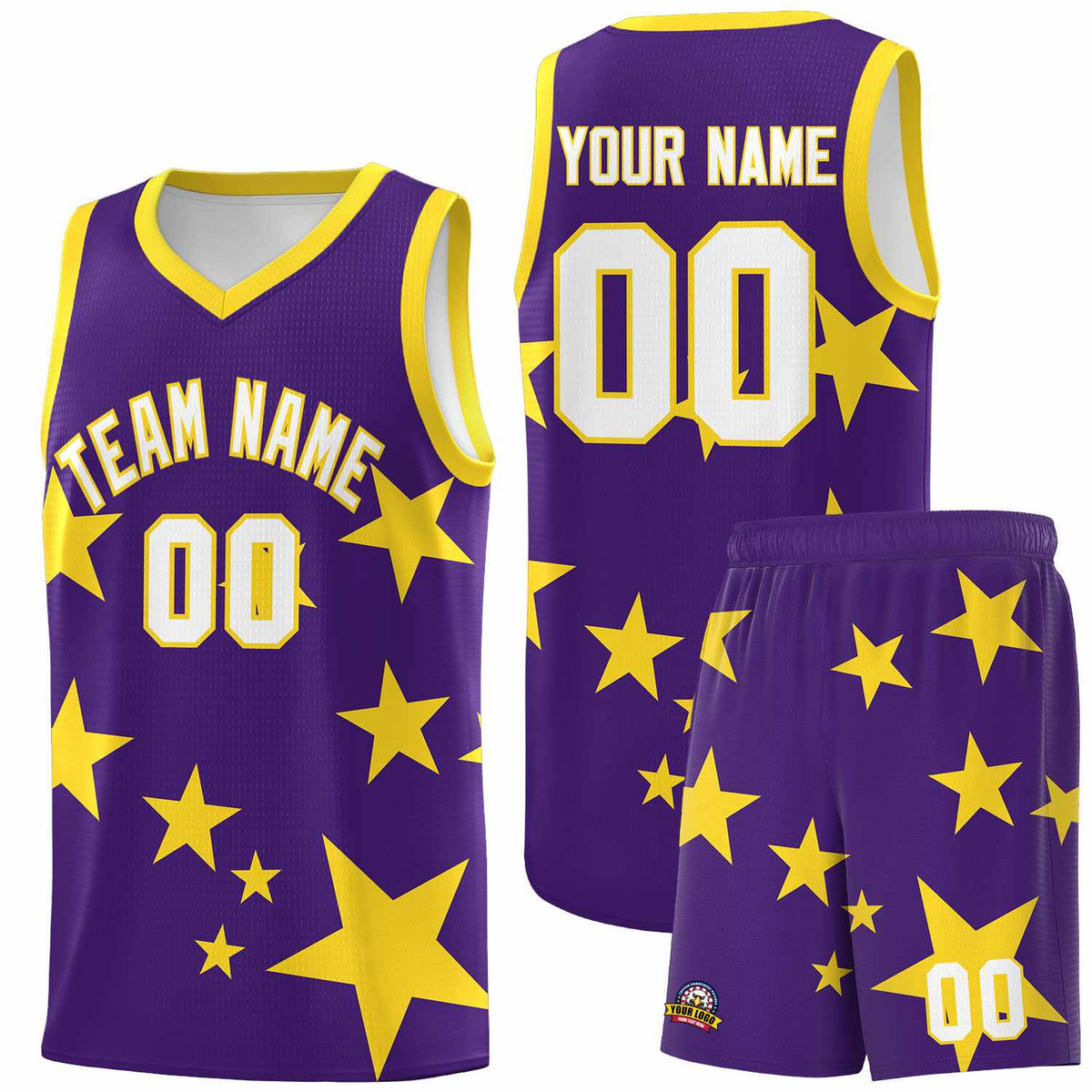 Custom Purple Gold Graffiti Pattern Star Print Basketball Kits Sets
