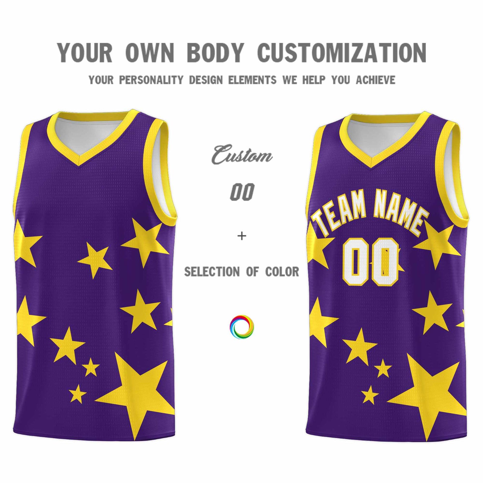 Custom Purple Gold Graffiti Pattern Star Print Basketball Kits Sets