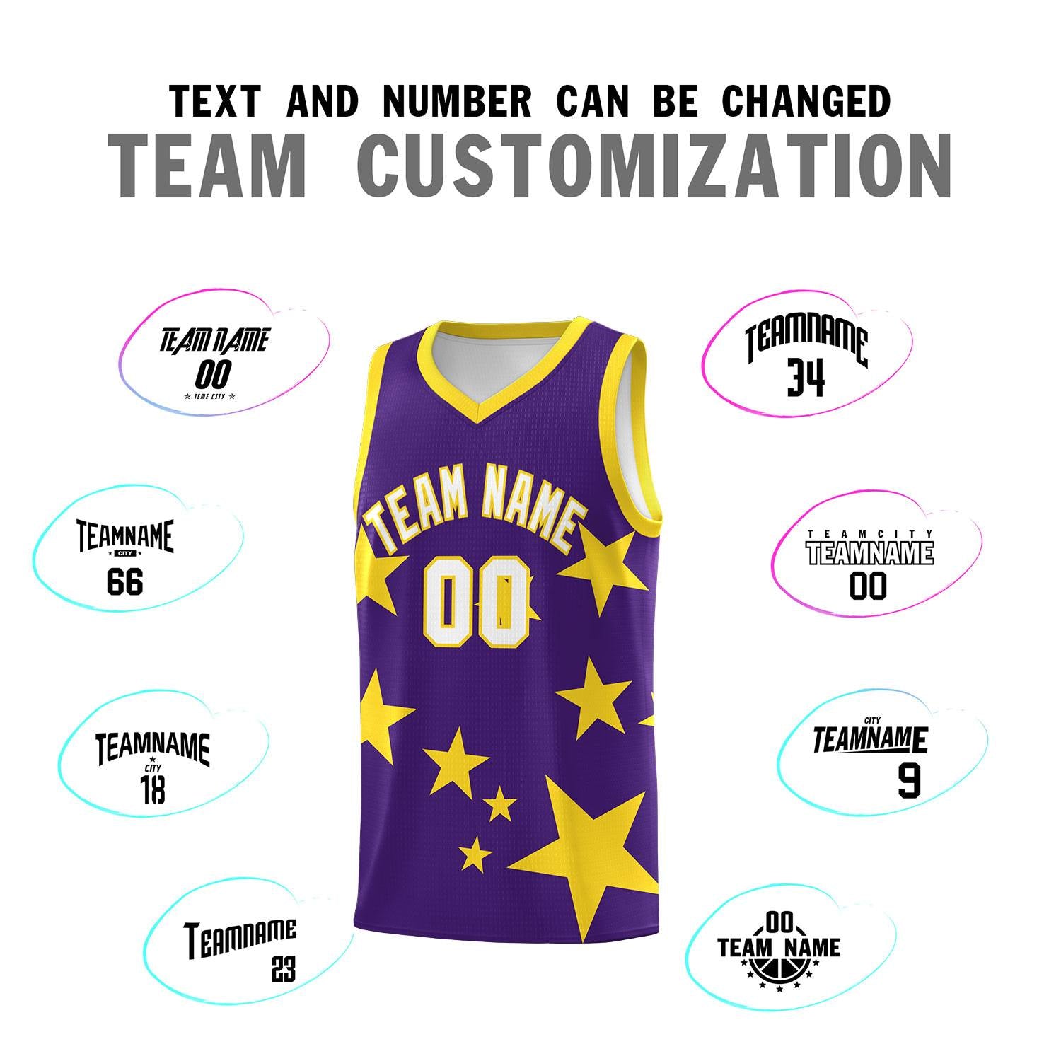 Custom Purple Gold Graffiti Pattern Star Print Basketball Kits Sets