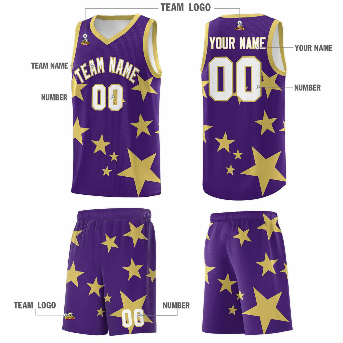 Custom Purple Old Gold Graffiti Pattern Star Print Basketball Kits Sets