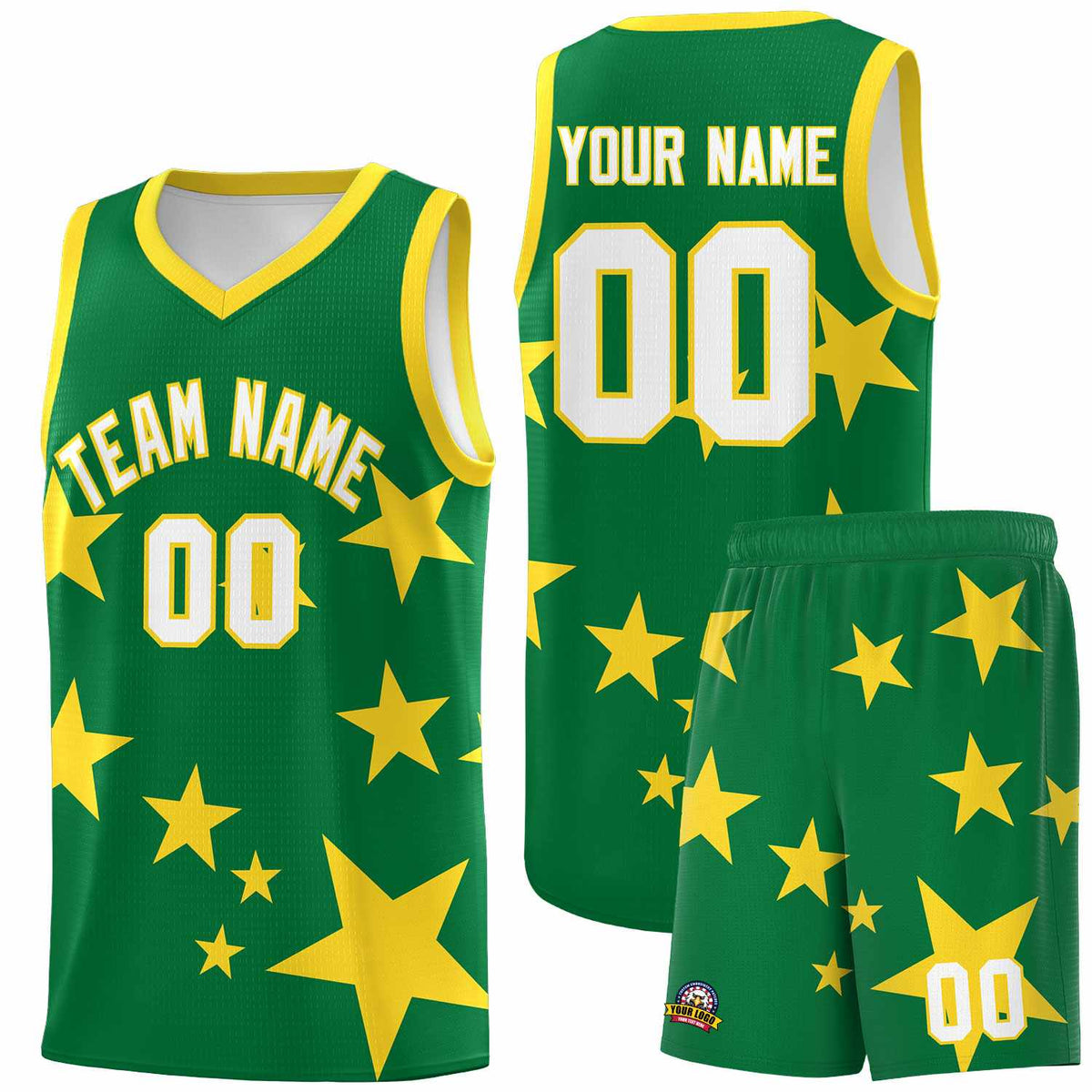 Custom Kelly Green Gold Graffiti Pattern Star Print Basketball Kits Sets