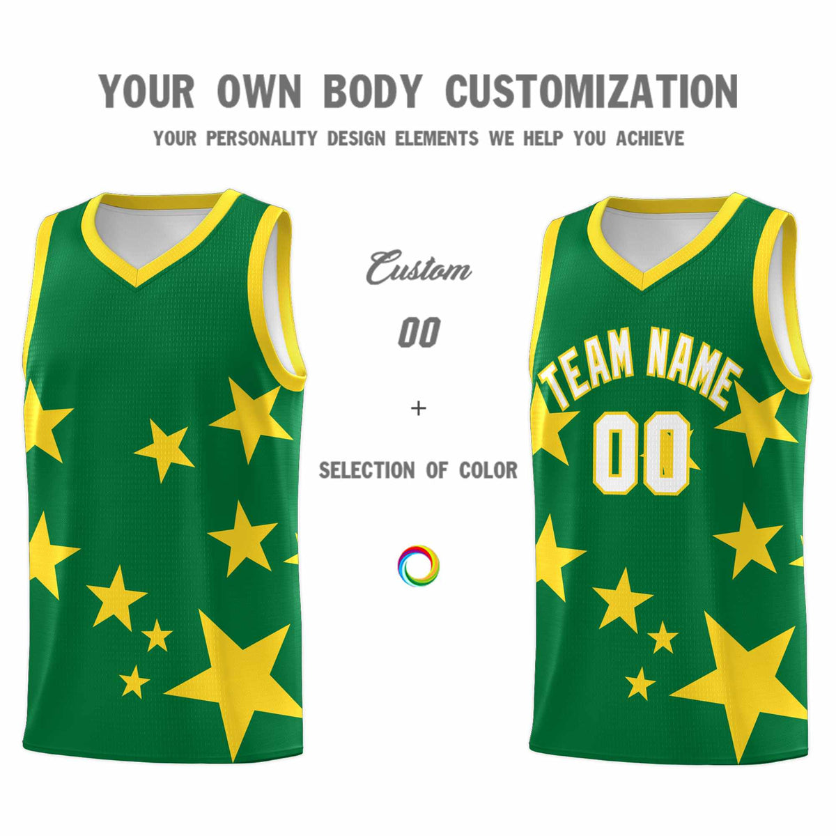 Custom Kelly Green Gold Graffiti Pattern Star Print Basketball Kits Sets