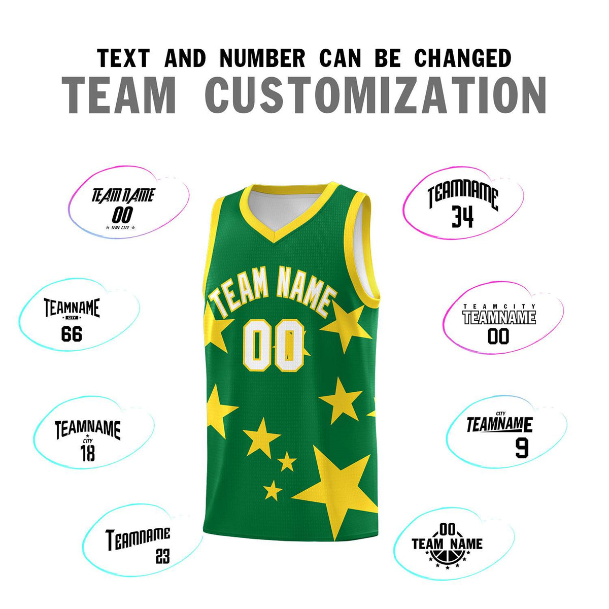Custom Kelly Green Gold Graffiti Pattern Star Print Basketball Kits Sets