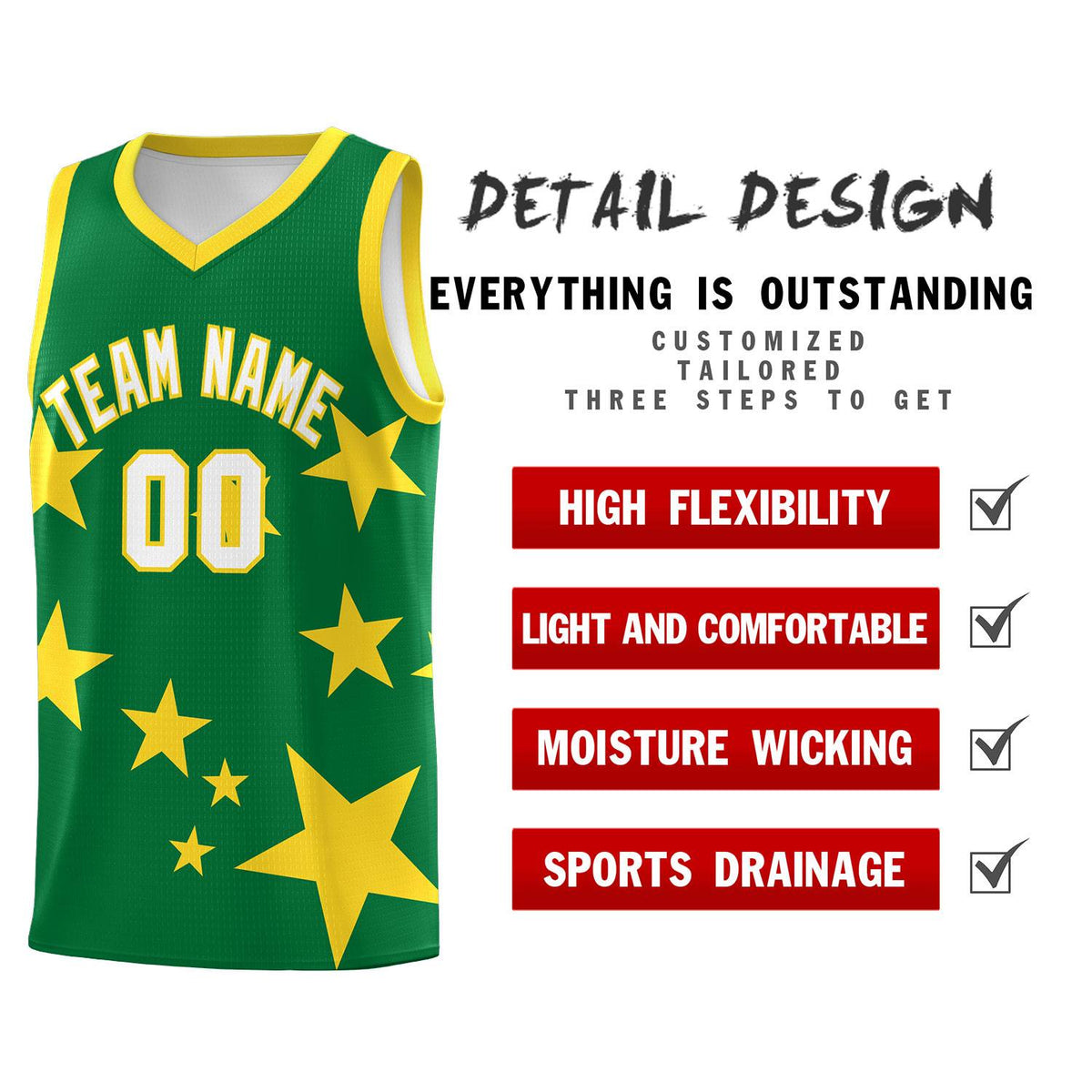 Custom Kelly Green Gold Graffiti Pattern Star Print Basketball Kits Sets