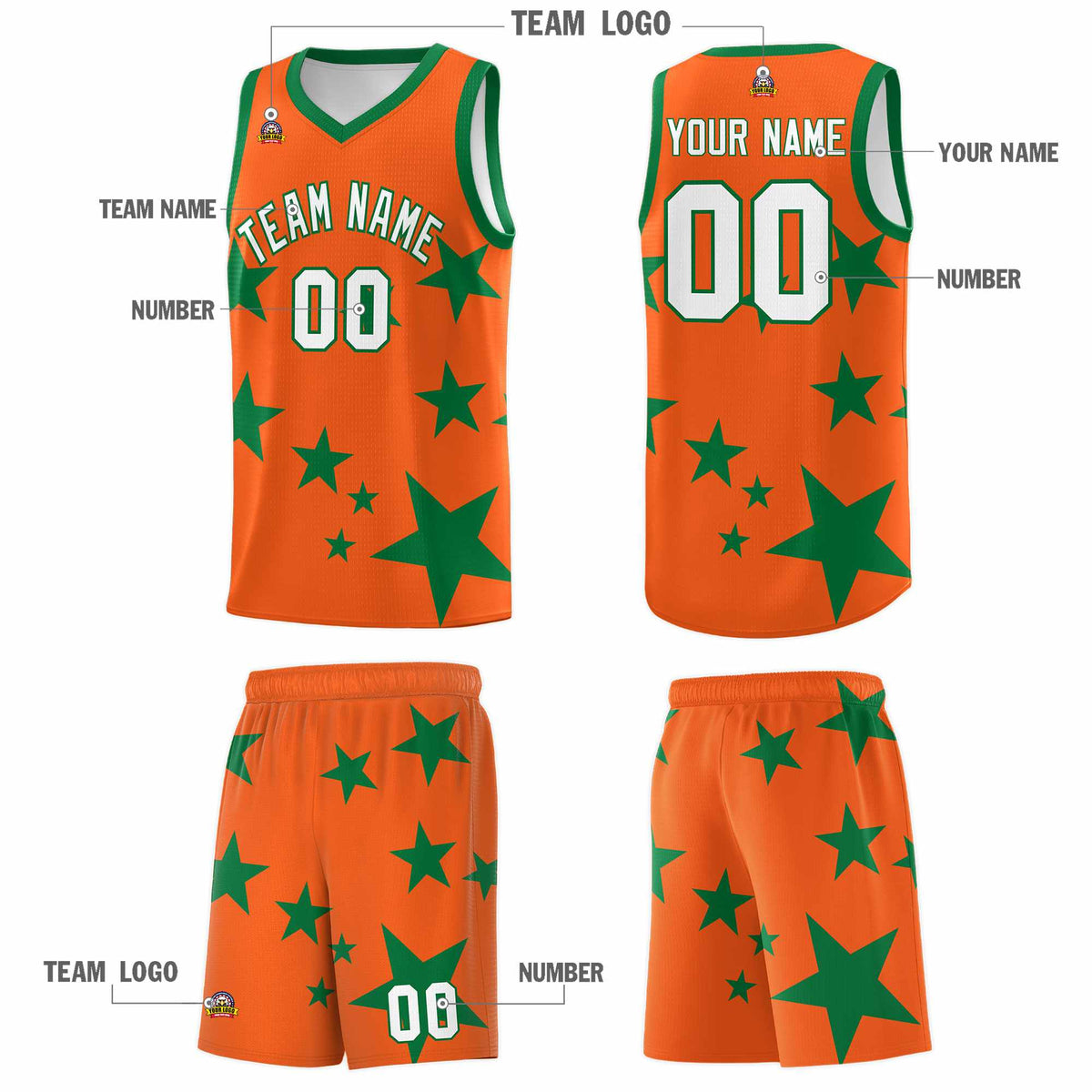 Custom Orange Kelly Green Graffiti Pattern Star Print Basketball Kits Sets