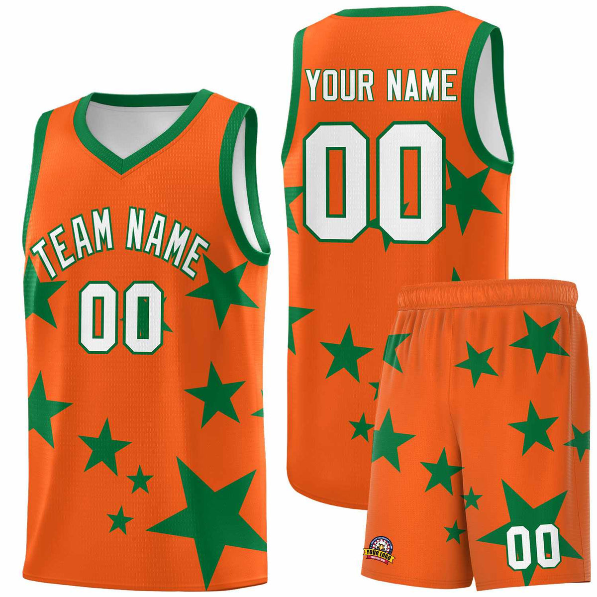 Custom Orange Kelly Green Graffiti Pattern Star Print Basketball Kits Sets