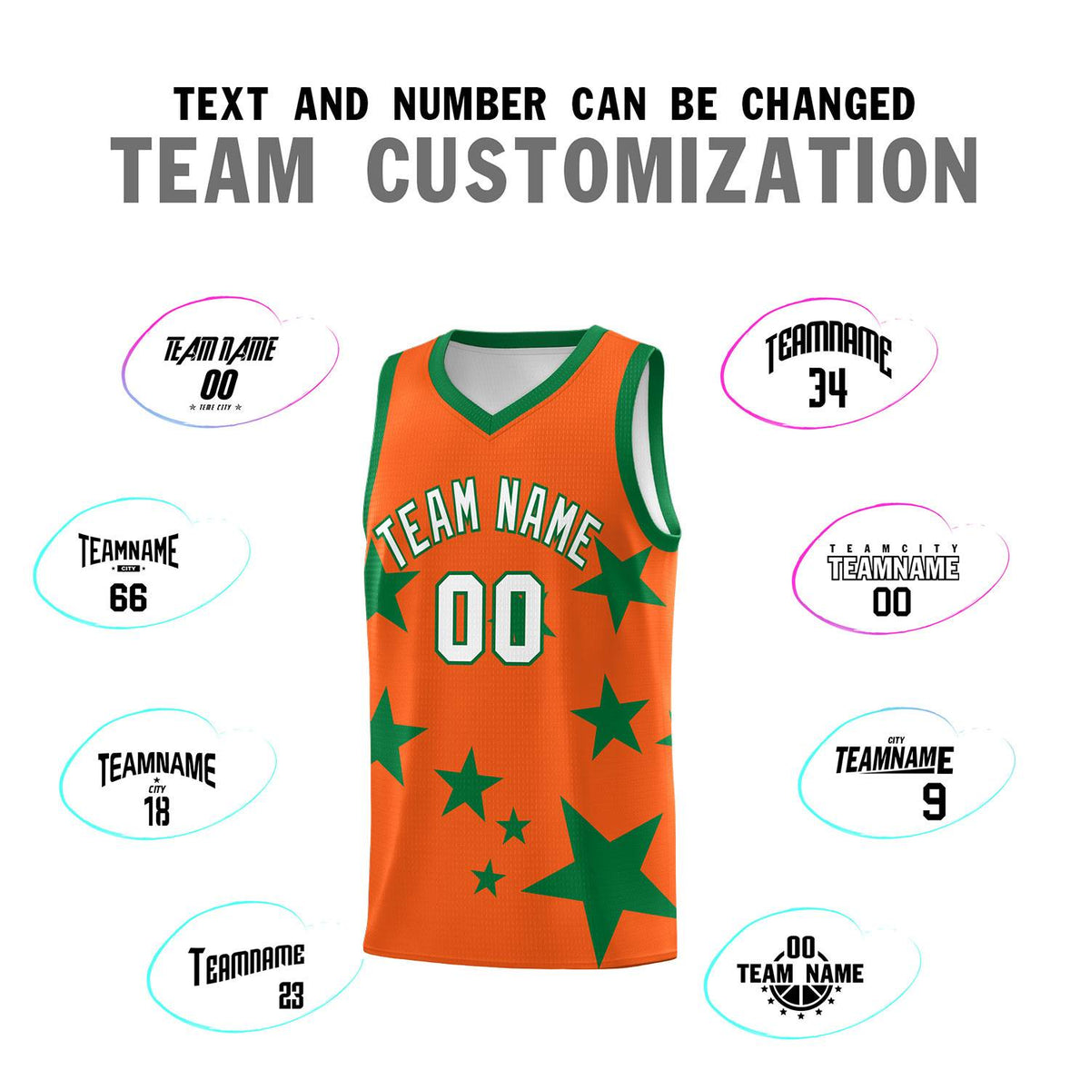 Custom Orange Kelly Green Graffiti Pattern Star Print Basketball Kits Sets