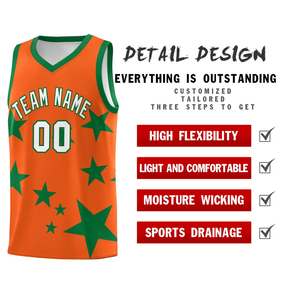 Custom Orange Kelly Green Graffiti Pattern Star Print Basketball Kits Sets