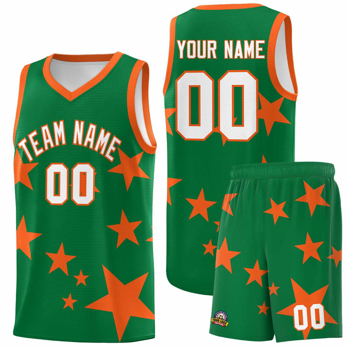 Custom Kelly Green Orange Graffiti Pattern Star Print Basketball Kits Sets