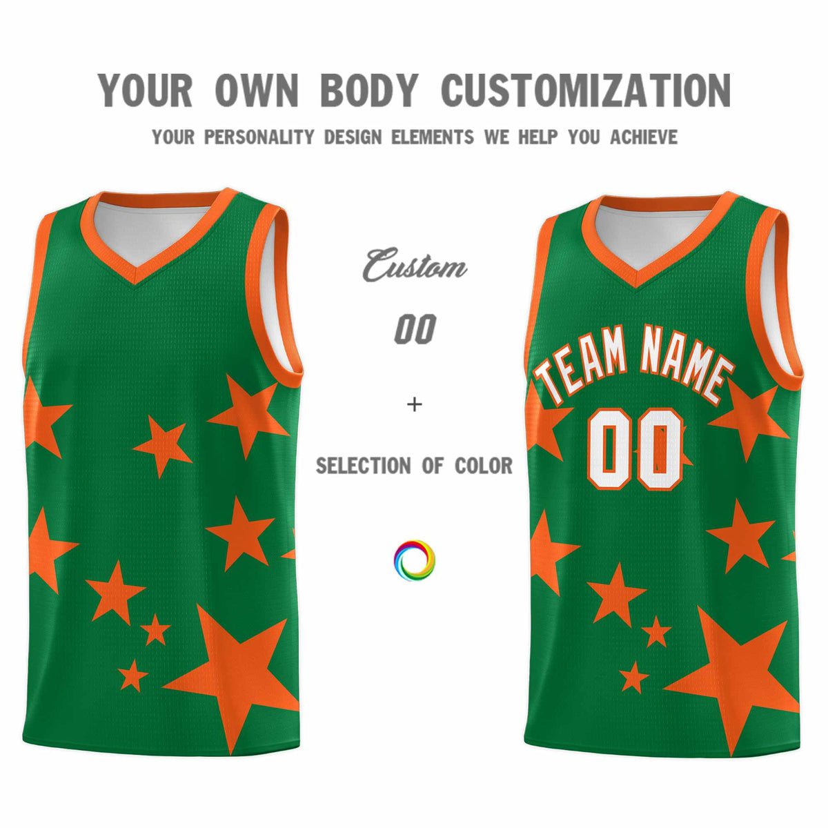 Custom Kelly Green Orange Graffiti Pattern Star Print Basketball Kits Sets