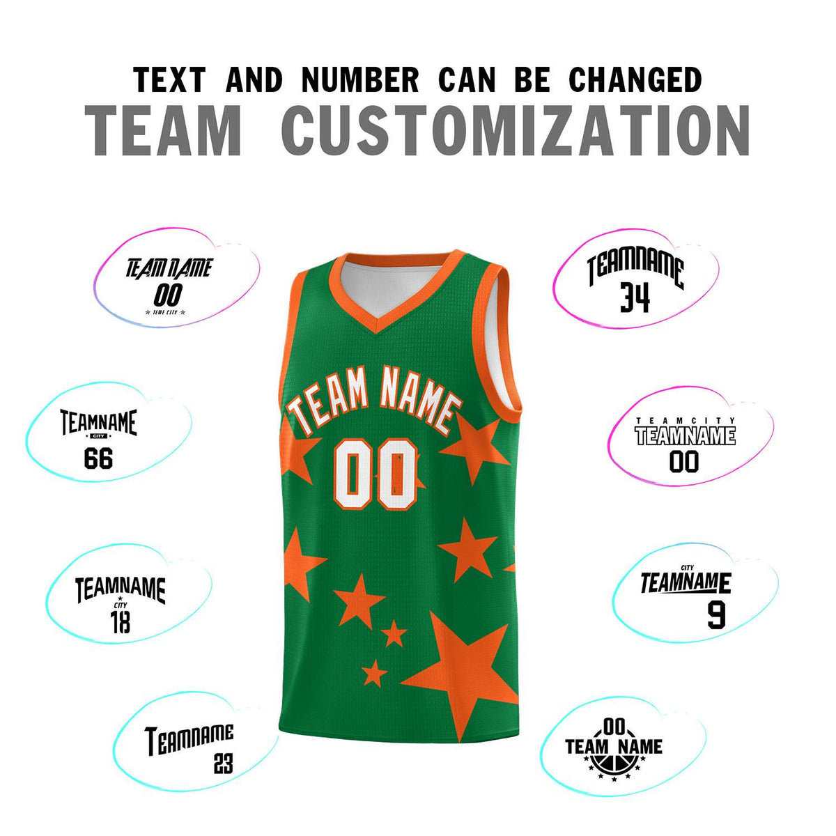Custom Kelly Green Orange Graffiti Pattern Star Print Basketball Kits Sets