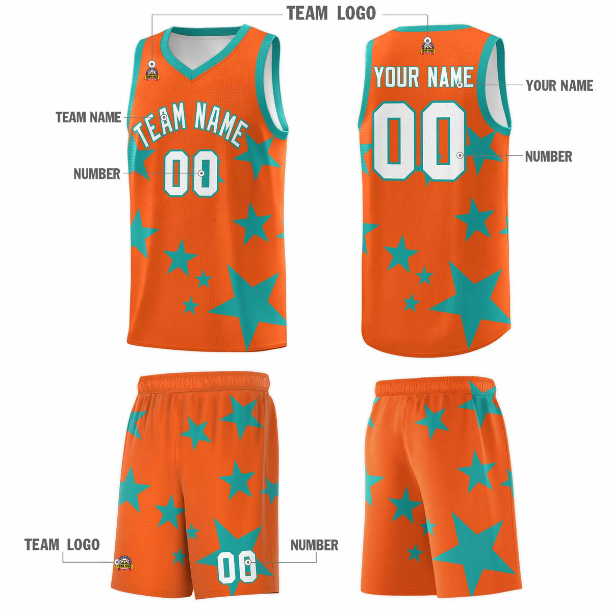 Custom Orange Aqua Graffiti Pattern Star Print Basketball Kits Sets