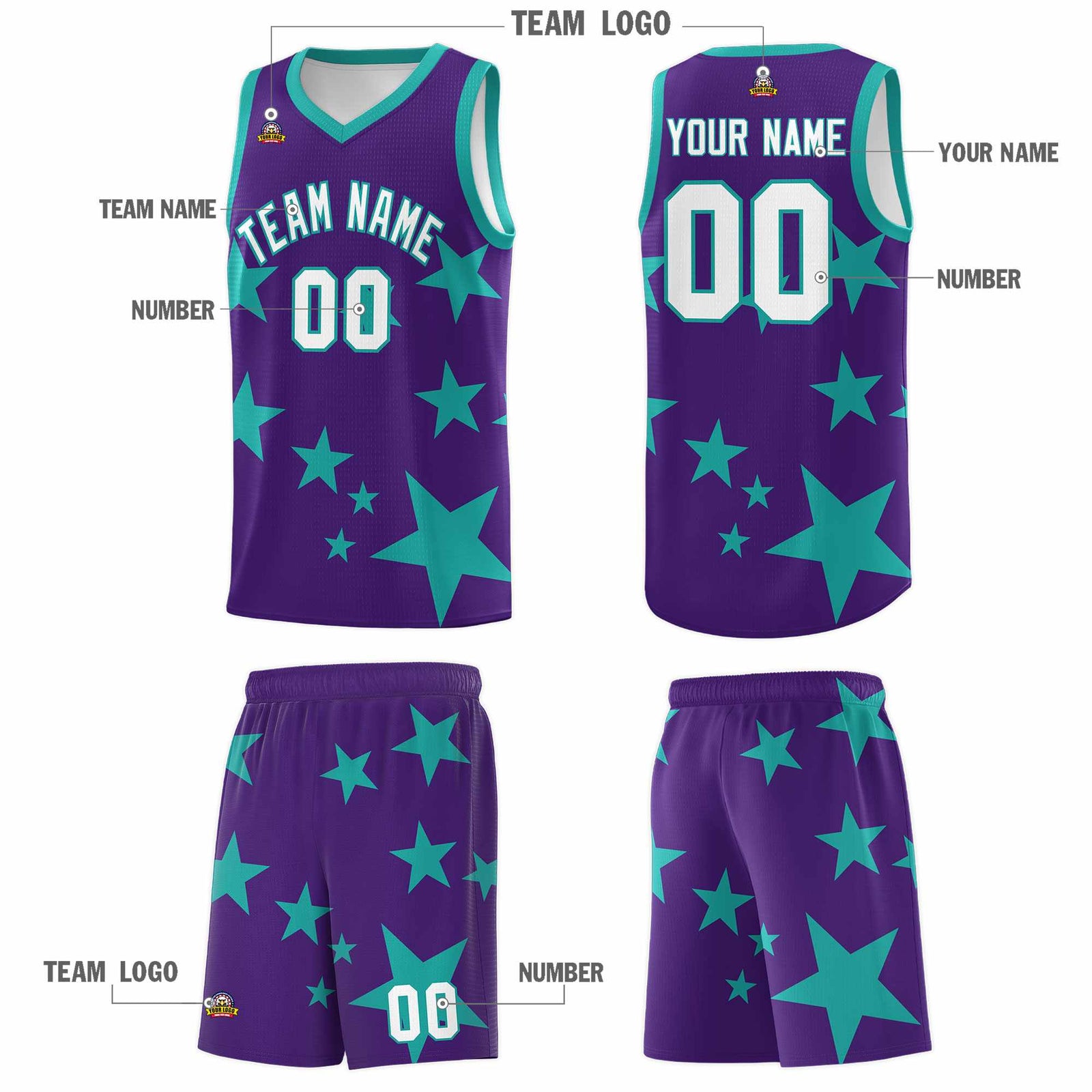 Custom Purple Aqua Graffiti Pattern Star Print Basketball Kits Sets