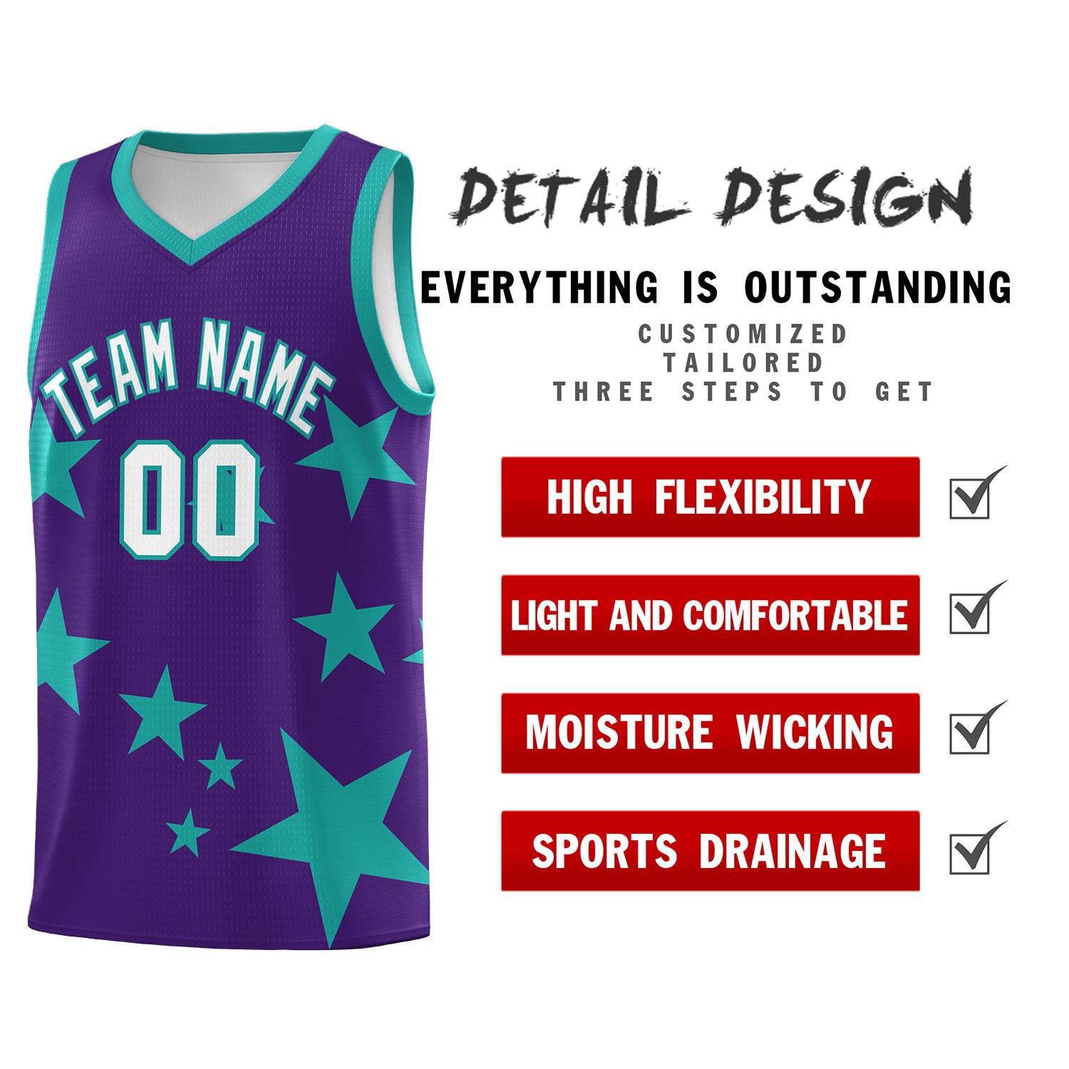 Custom Purple Aqua Graffiti Pattern Star Print Basketball Kits Sets
