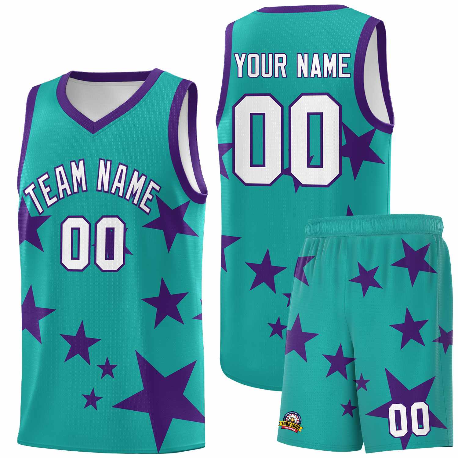 Custom Aqua Purple Graffiti Pattern Star Print Basketball Kits Sets