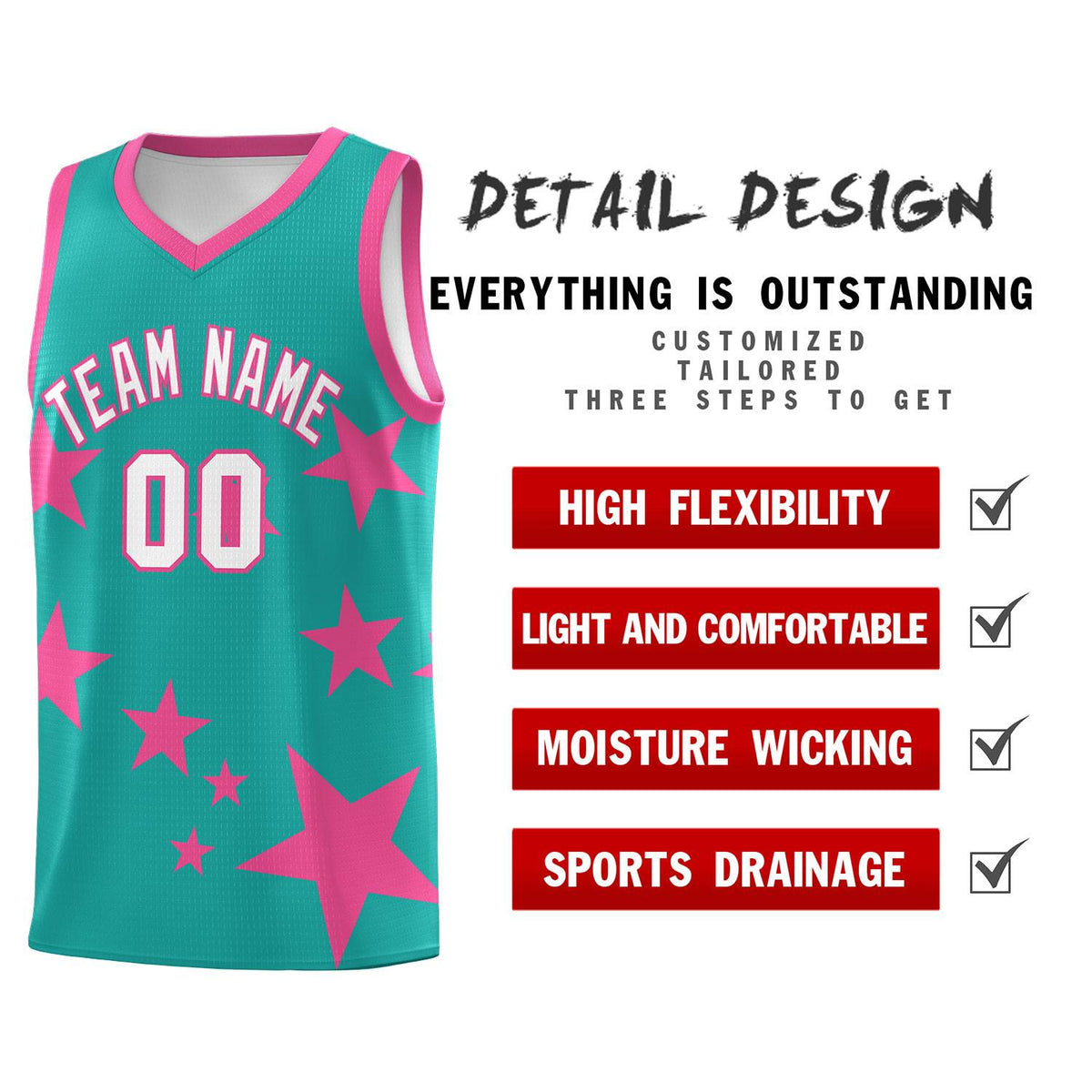 Custom Aqua Pink Graffiti Pattern Star Print Basketball Kits Sets