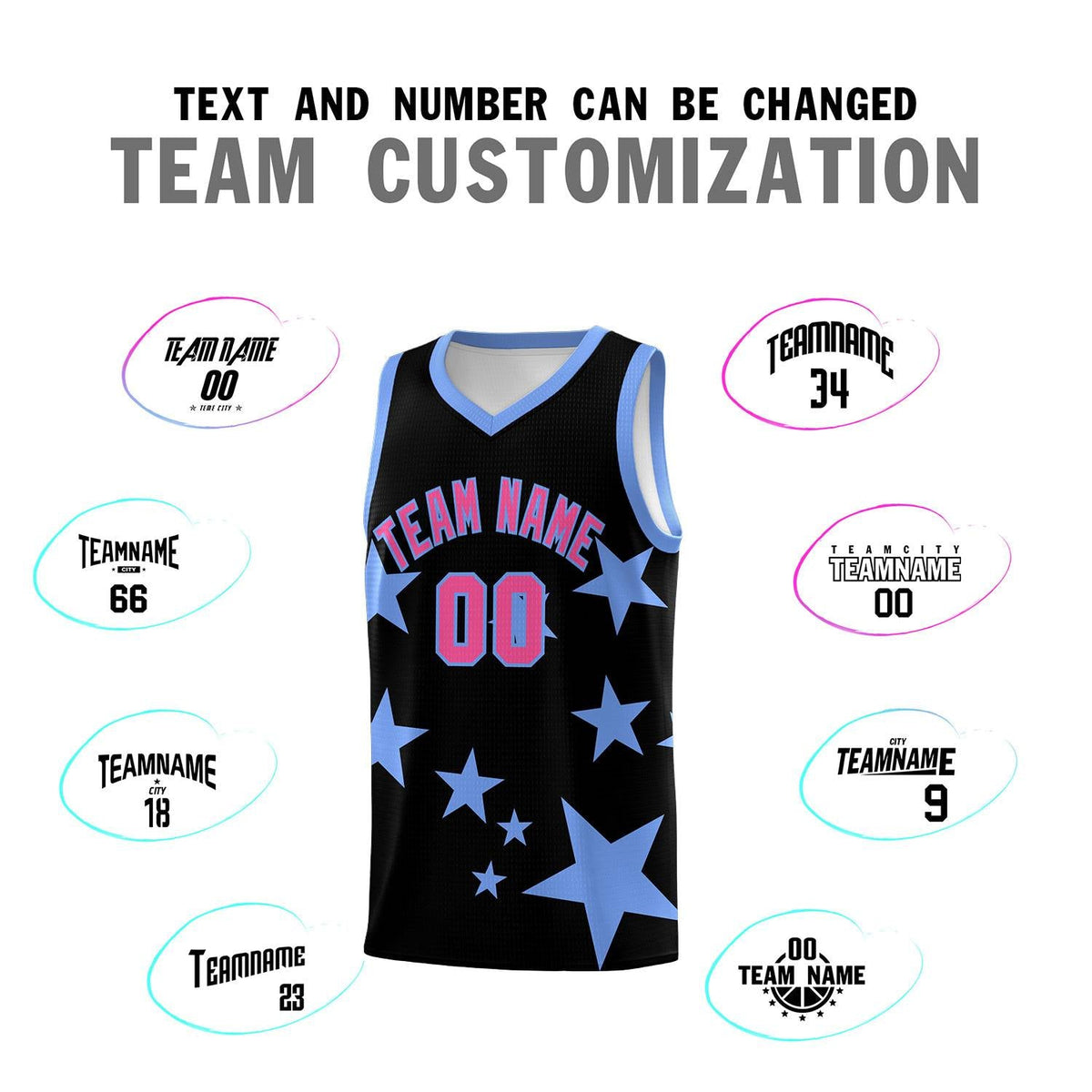 Custom Black Light Blue Graffiti Pattern Star Print Basketball Kits Sets