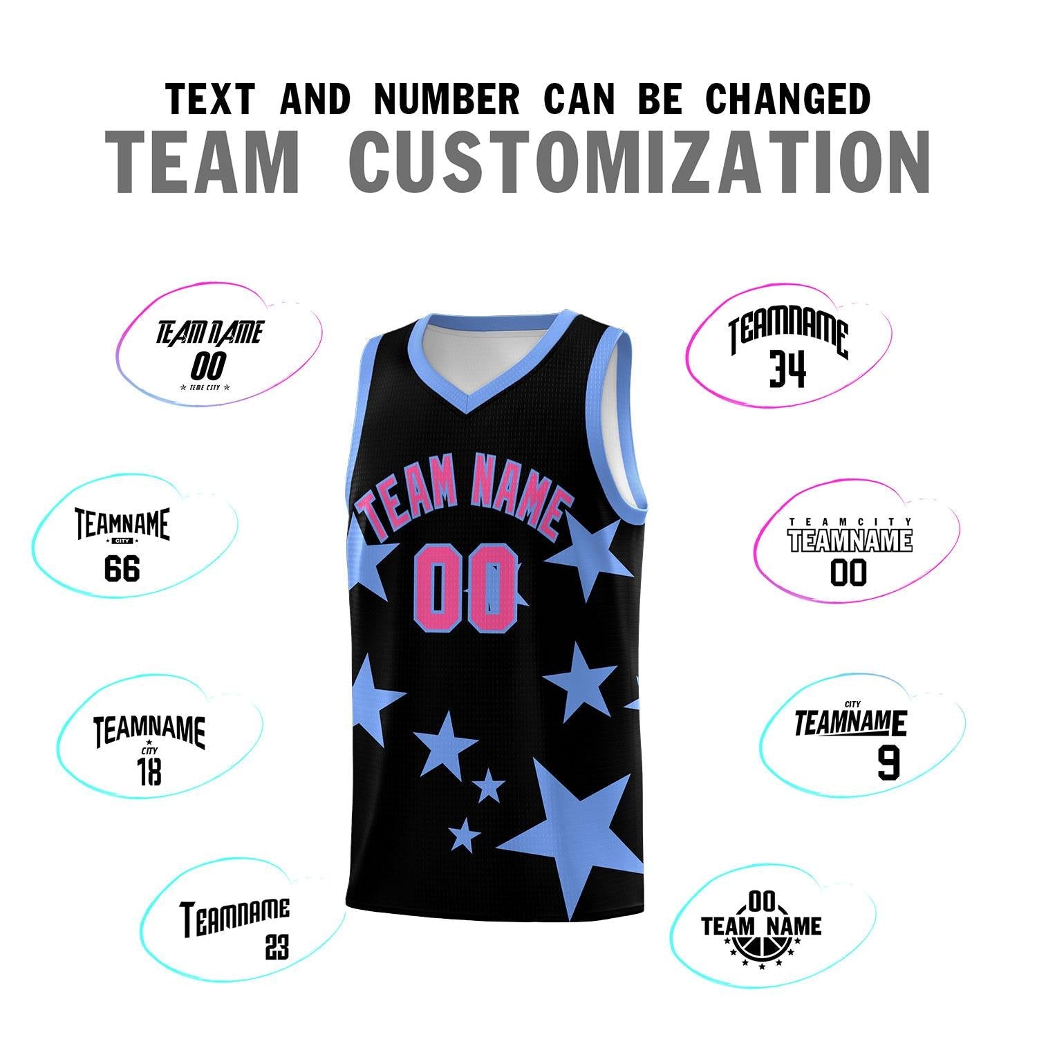 Custom Black Light Blue Graffiti Pattern Star Print Basketball Kits Sets