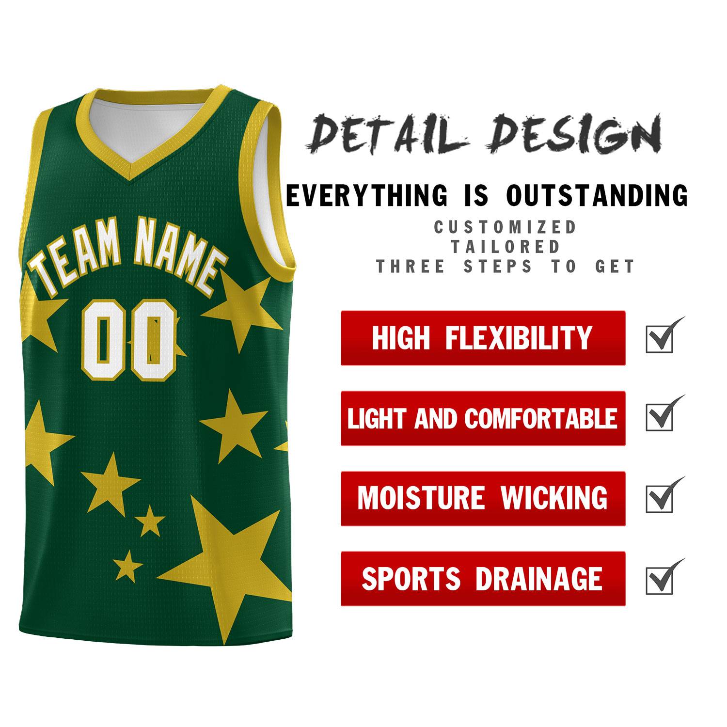 Custom Green Old Gold Graffiti Pattern Star Print Basketball Kits Sets