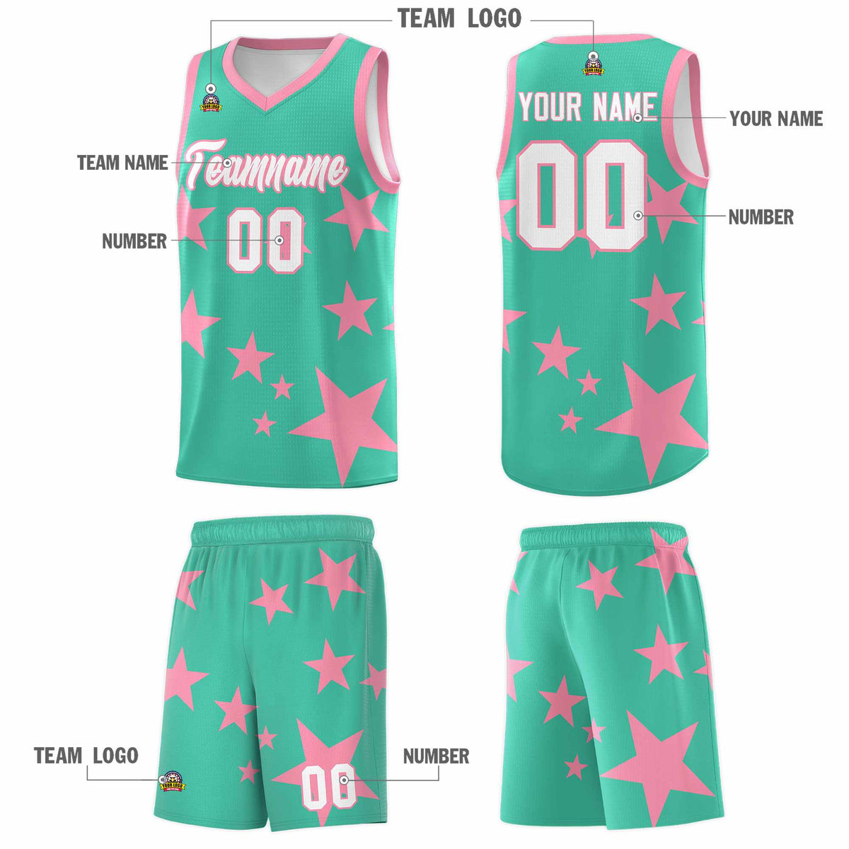 Custom Bright Green Light Pink Graffiti Pattern Star Print Basketball Kits Sets
