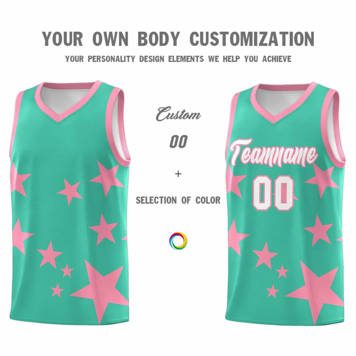 Custom Bright Green Light Pink Graffiti Pattern Star Print Basketball Kits Sets