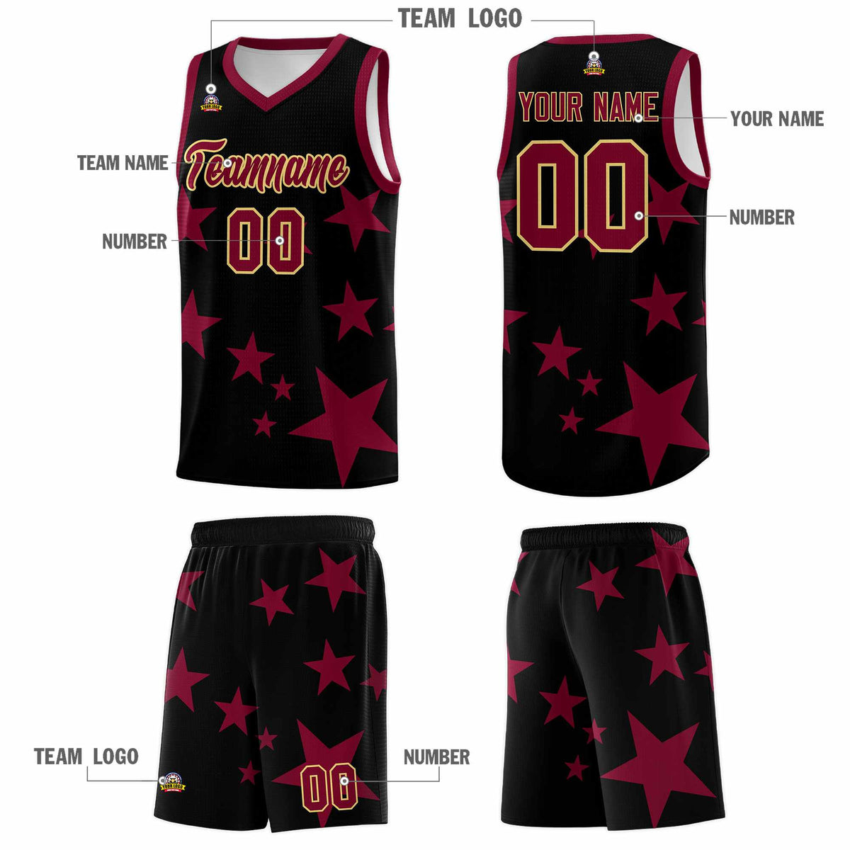 Custom Black Crimson Graffiti Pattern Star Print Basketball Kits Sets