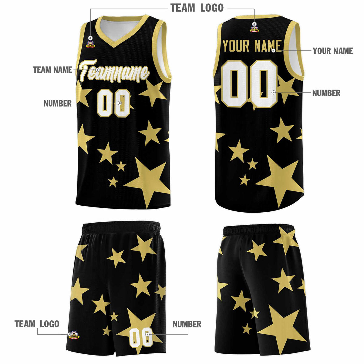 Custom Black Old Gold Graffiti Pattern Star Print Basketball Kits Sets