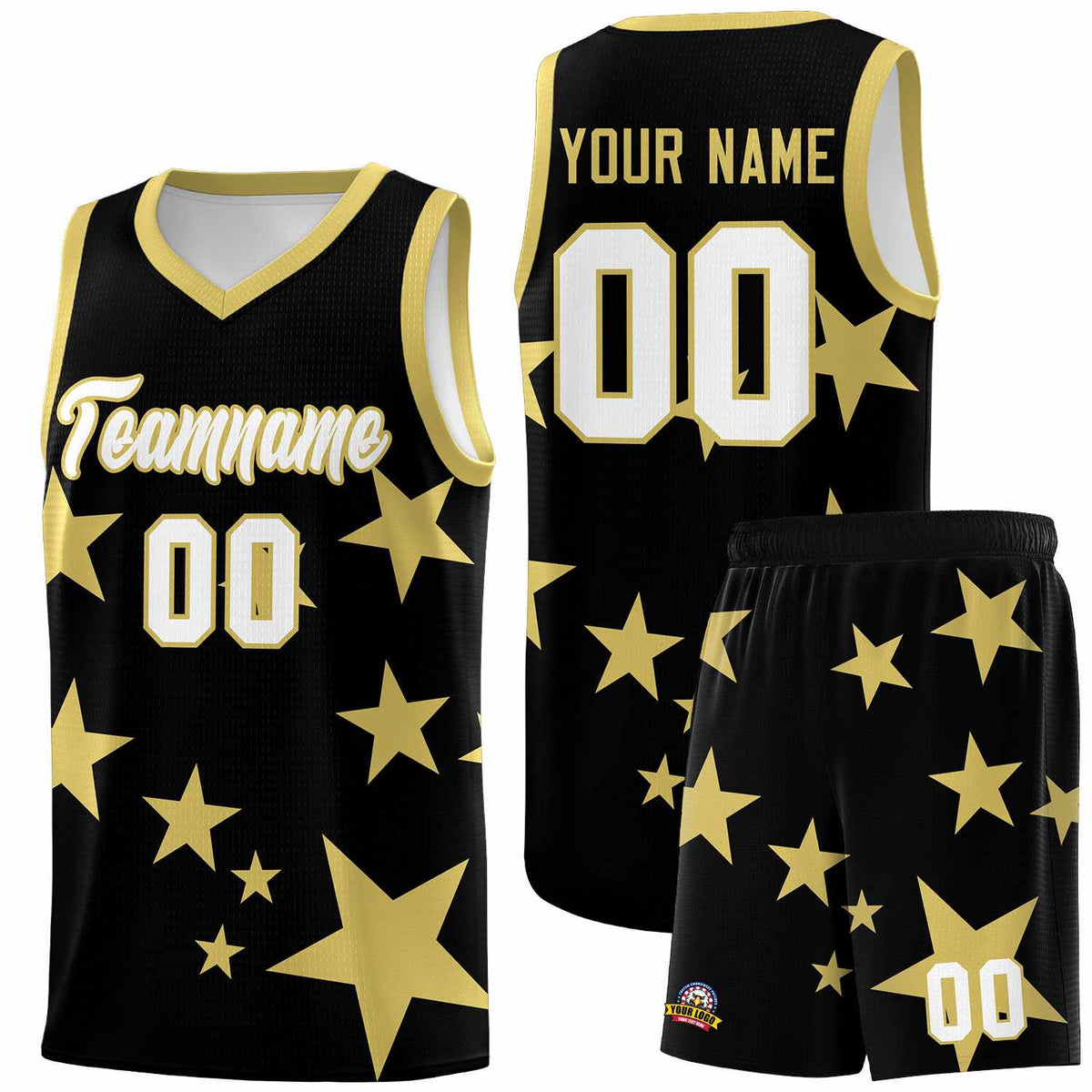 Custom Black Old Gold Graffiti Pattern Star Print Basketball Kits Sets
