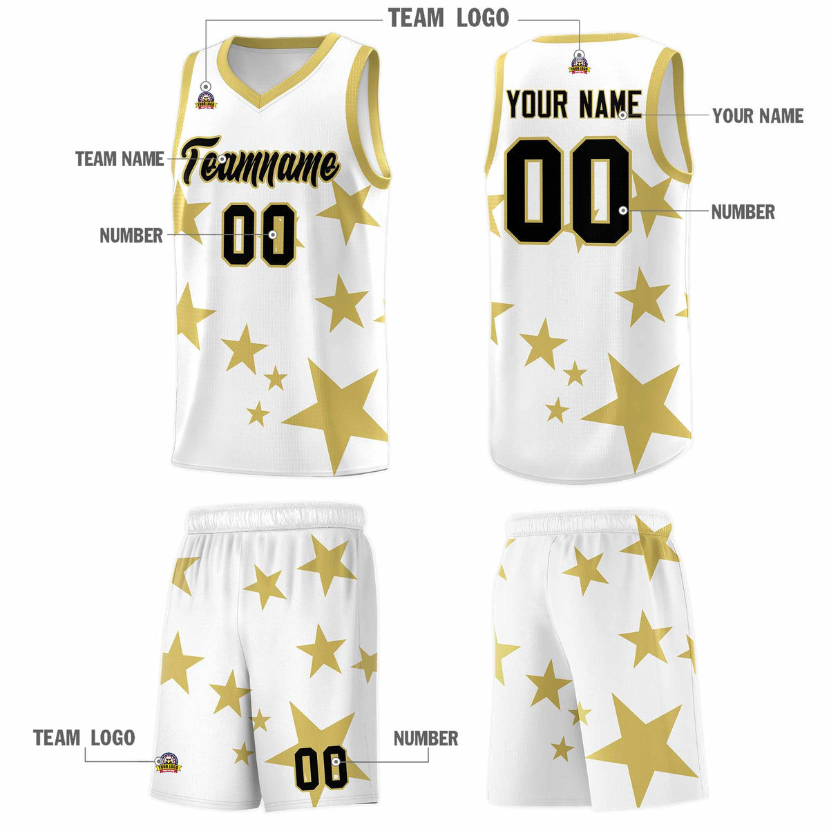 Custom White Old Gold Graffiti Pattern Star Print Basketball Kits Sets