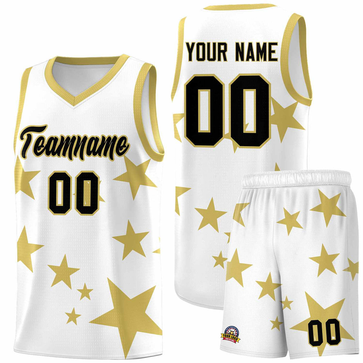 Custom White Old Gold Graffiti Pattern Star Print Basketball Kits Sets