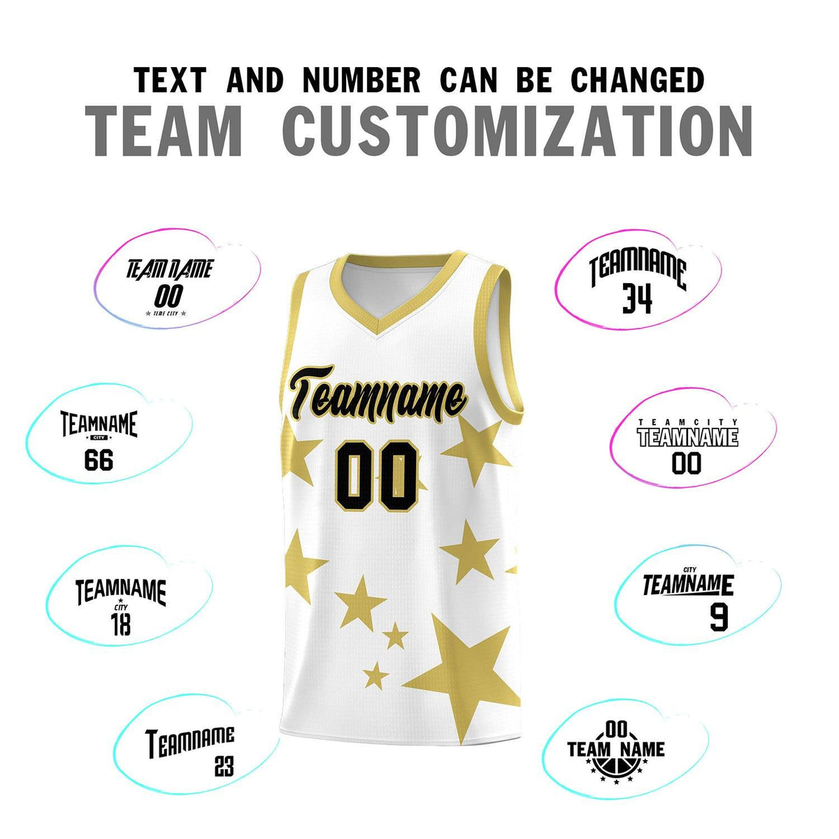 Custom White Old Gold Graffiti Pattern Star Print Basketball Kits Sets