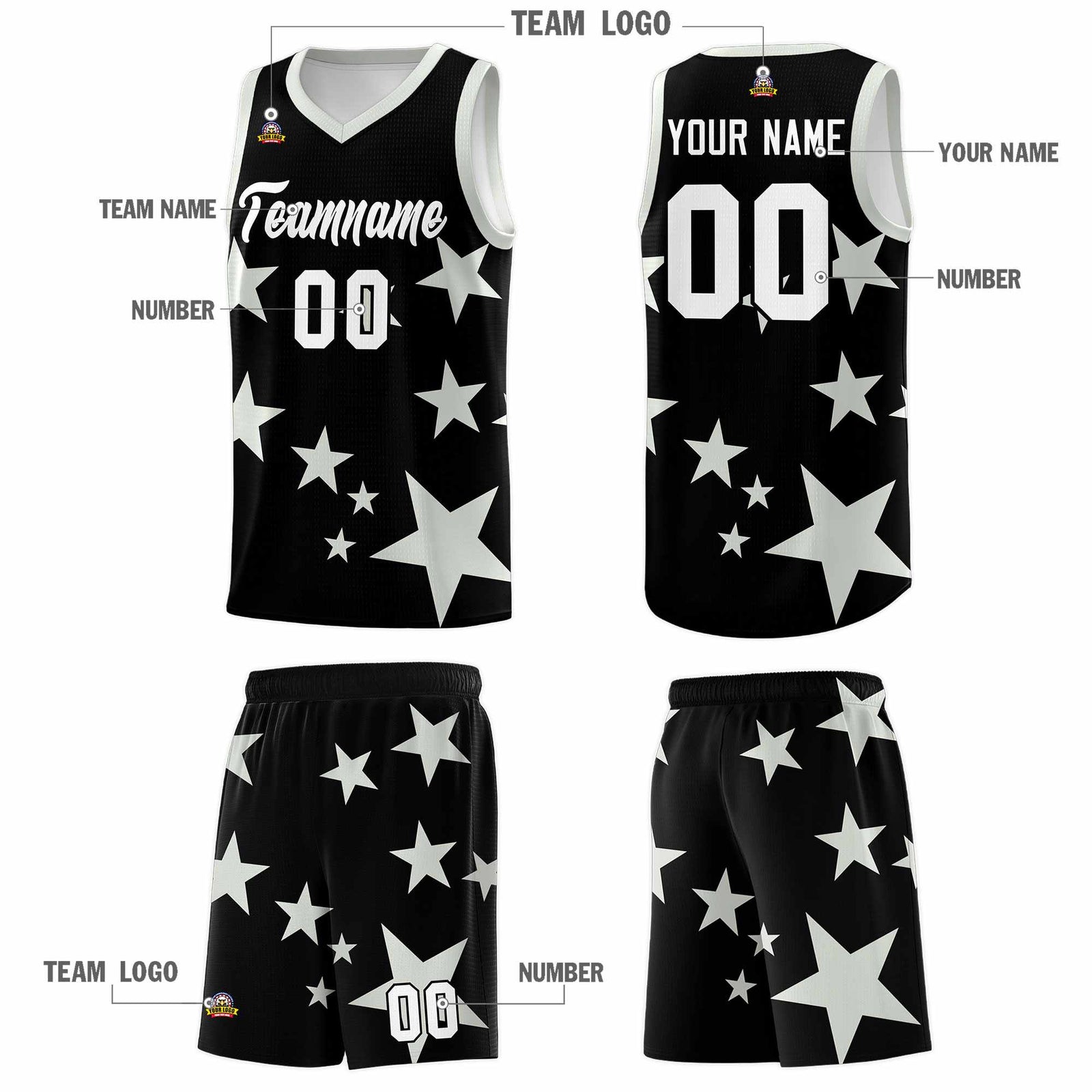 Custom Black Gray Graffiti Pattern Star Print Basketball Kits Sets