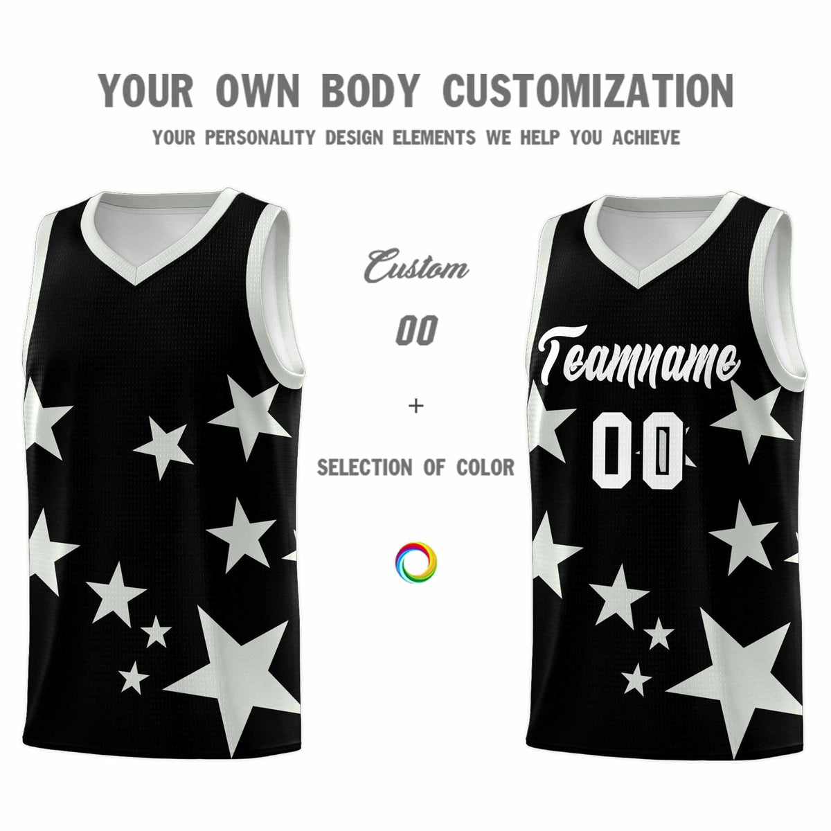 Custom Black Gray Graffiti Pattern Star Print Basketball Kits Sets