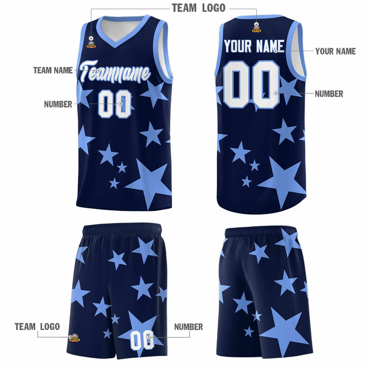 Custom Navy Light Blue Graffiti Pattern Star Print Basketball Kits Sets